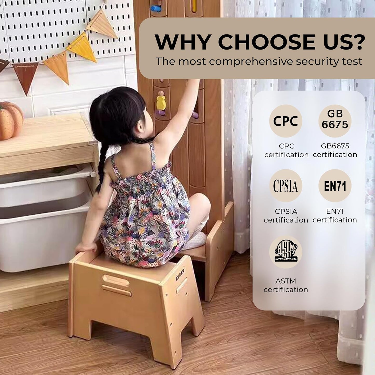 Wooden Step Stool for Kids, 14” One Step Stool for Toddlers, Heavy Duty Non-tip Non-Slip for Bedroom/Kitchen