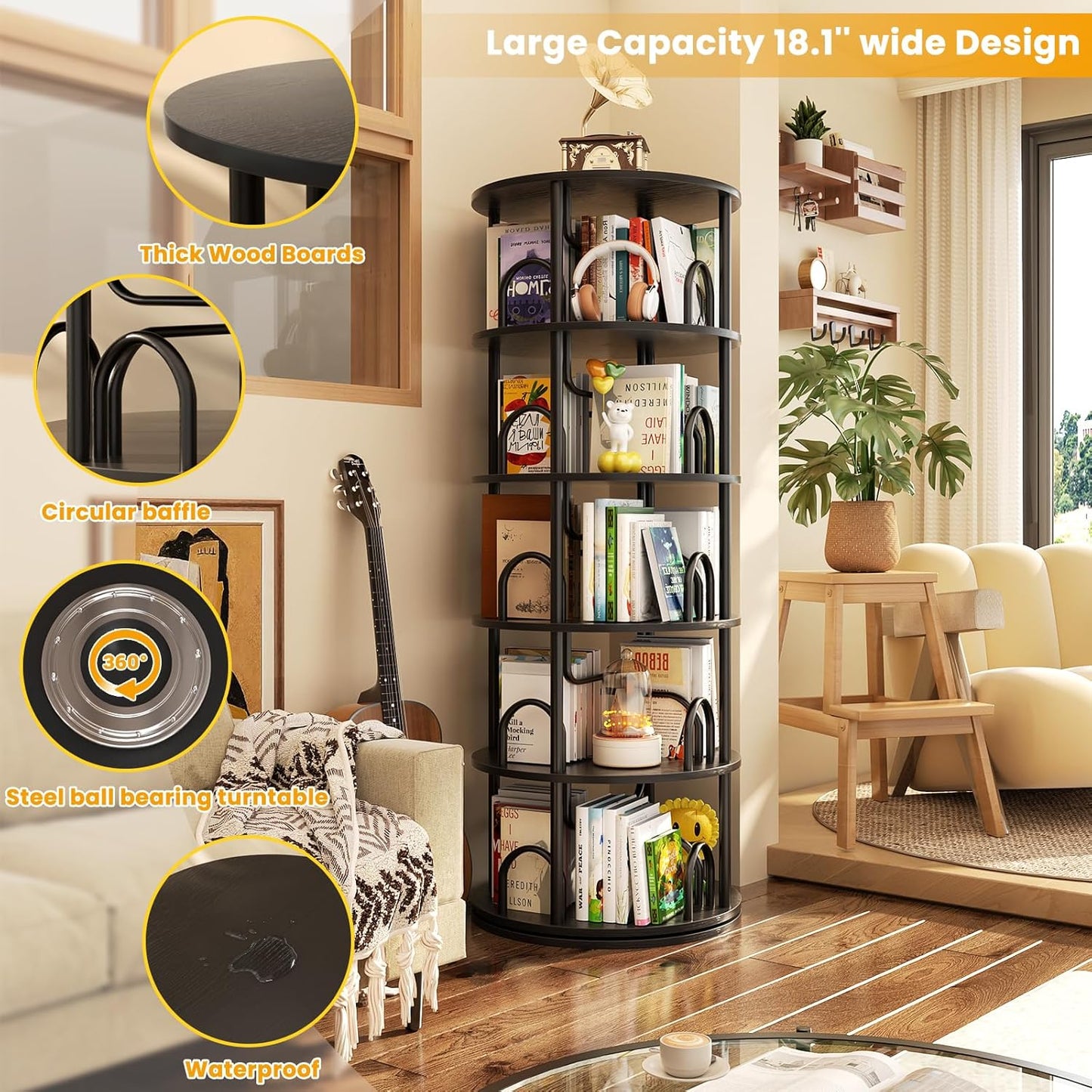 Aheaplus 5 Tier Rotating Bookshelf Tower, 360 Display Spinning Bookcase, Revolving Round Book Shelf Narrow Swivel Bookshelf, Vertical Turning Spiral Corner Book Organizer for Small Space, Black