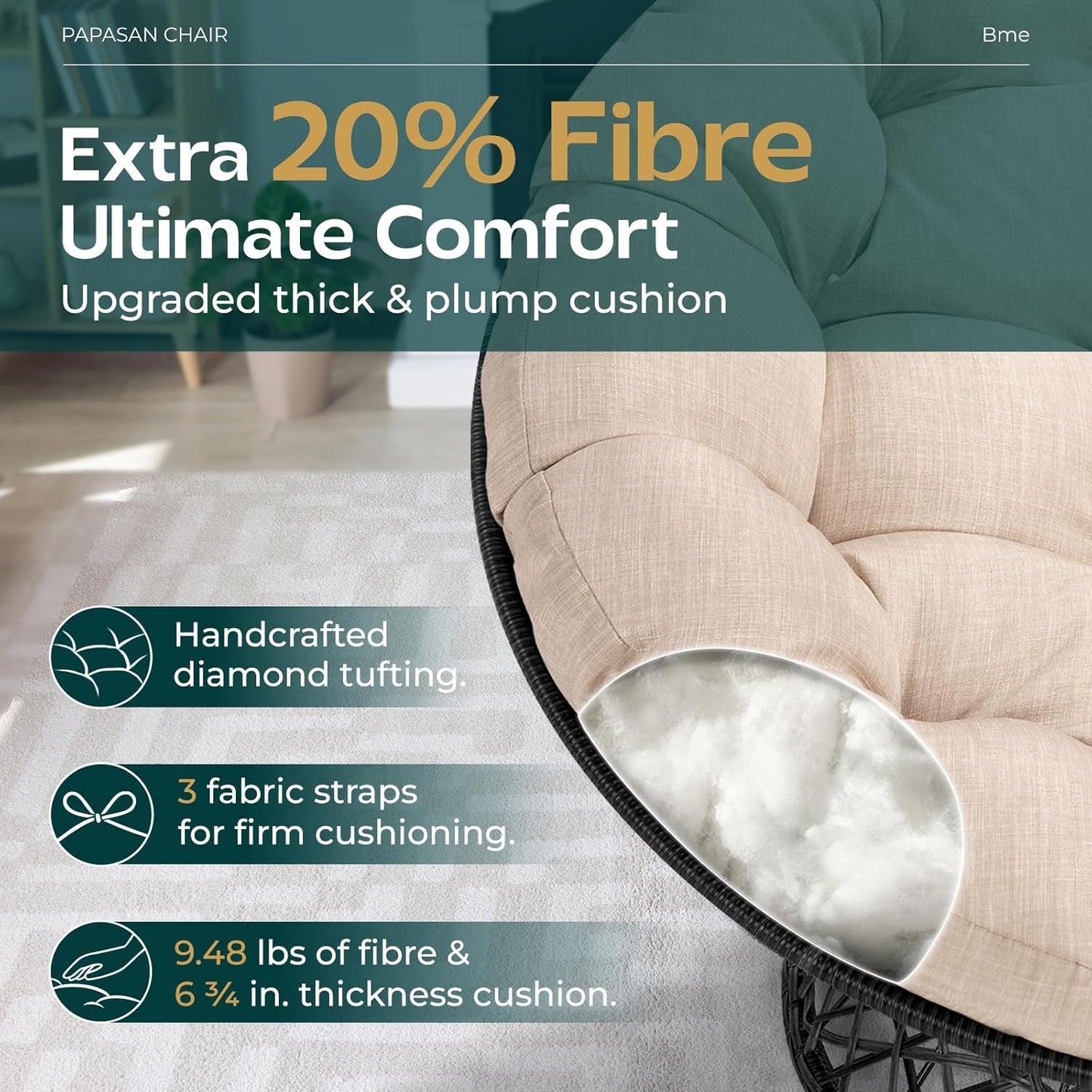 Bme 40" Ergonomic Wicker Papasan Chair with Soft Thick Density Fabric Cushion, High Capacity Steel Frame, 360 Degree Swivel for Living, Bedroom, Reading Room, Lounge, Sepia Sand - Black Base