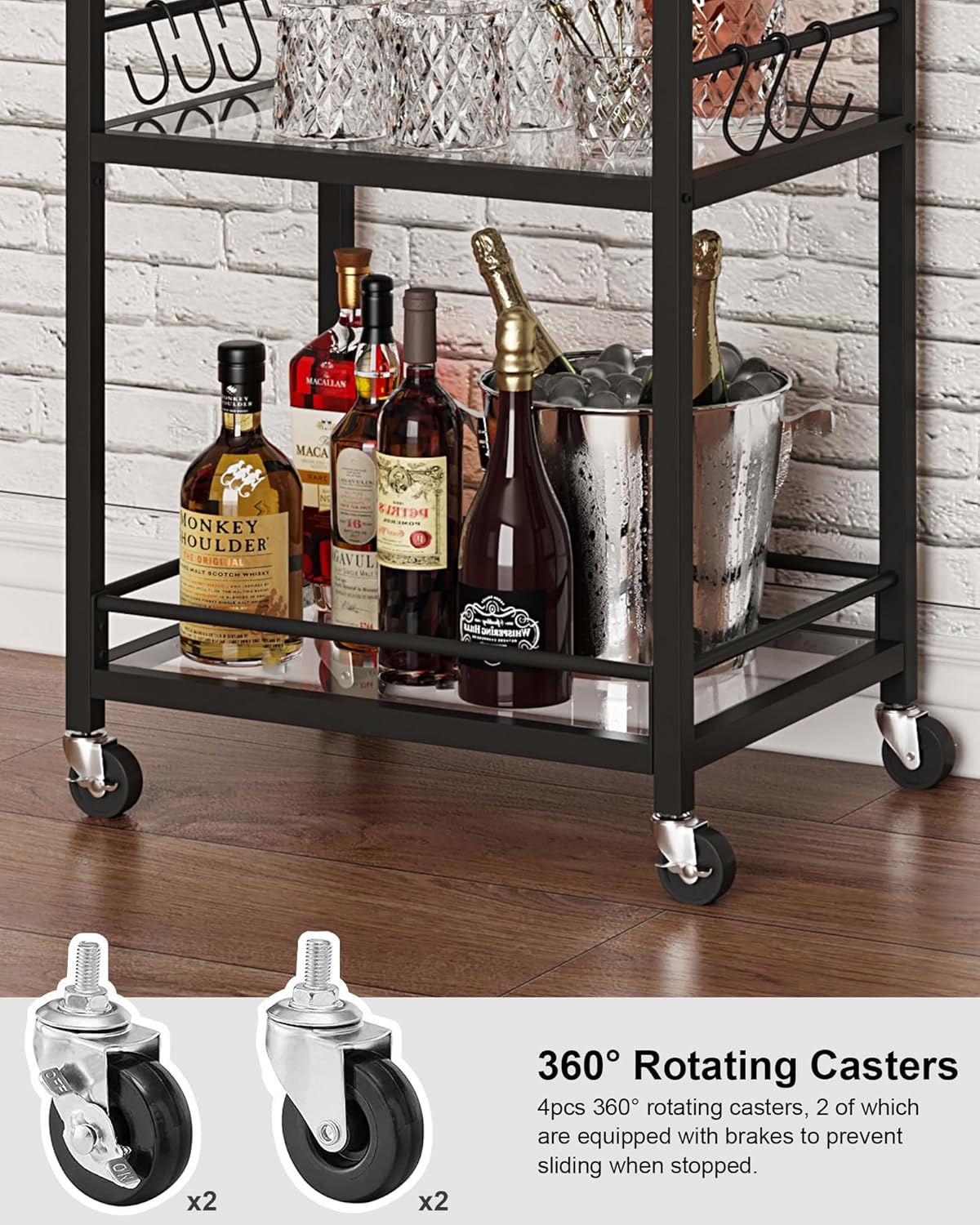 TUTOTAK Bar Cart, Home Bar Serving Cart with 3-Tier Mirrored Shelf, Mobile Kitchen Shelf, Rolling Beverage Cart, Black BC01BK034