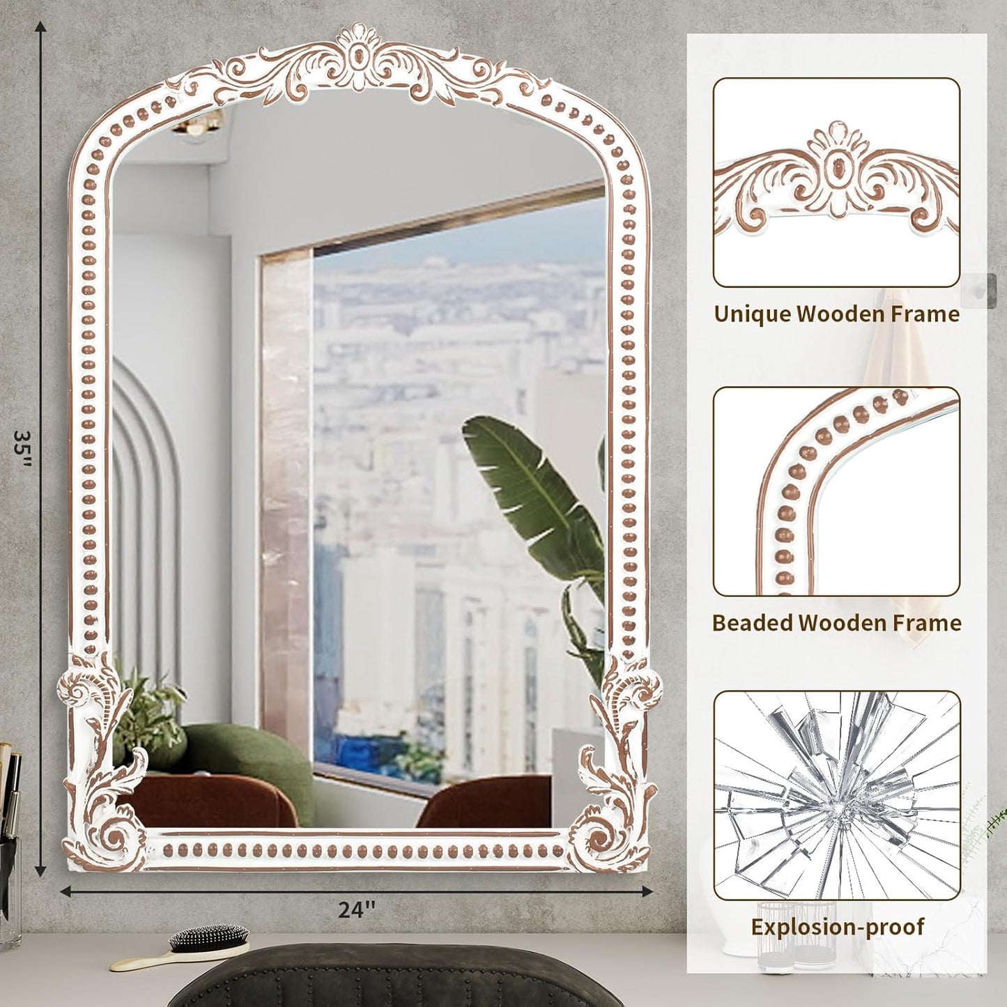 25x35 Inch Baroque Arched Wall Mirror Wooden, Rustic Farmhouse Decorative Mirrors for Fireplace, Entryway, Living Room, Bedroom, Bathroom