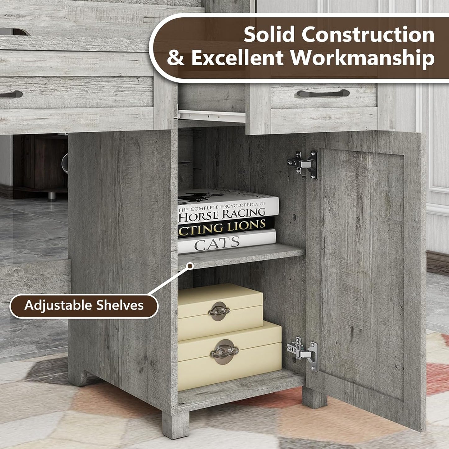 Farmhouse 47" Executive Desk, Computer Desk with Drawers and Storage Cabinet, Workstation with Hutch for Home Office