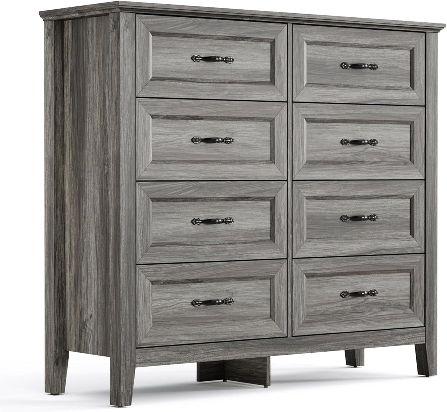 LINSY HOME 8 Drawers Dresser for Bedroom, 47" Wide Wooden Storage Chest with Antique Handles, Modern Farmhouse Dresser TV Stand with Wood Legs for Closet, Living Room, Hallway, Grey