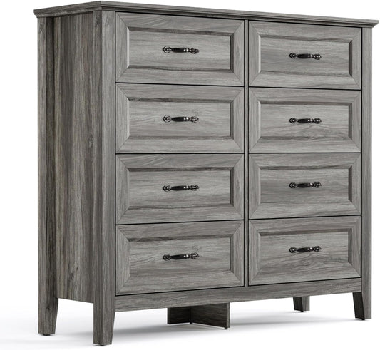 LINSY HOME 8 Drawers Dresser for Bedroom, 47" Wide Wooden Storage Chest with Antique Handles, Modern Farmhouse Dresser TV Stand with Wood Legs for Closet, Living Room, Hallway, Grey