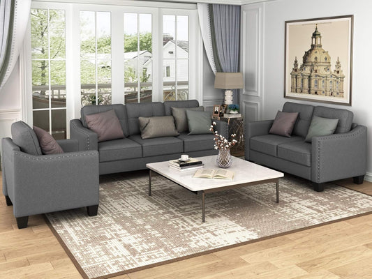 FANYE 3 Pieces Living Room Furniture Sets Include Sofa, Loveseat and Armchair, Linen Fabric Upholstered Sectional Couch with Classical Rivets Decor and Tufted Back Cushions, Retro Gray Sofa & Couch