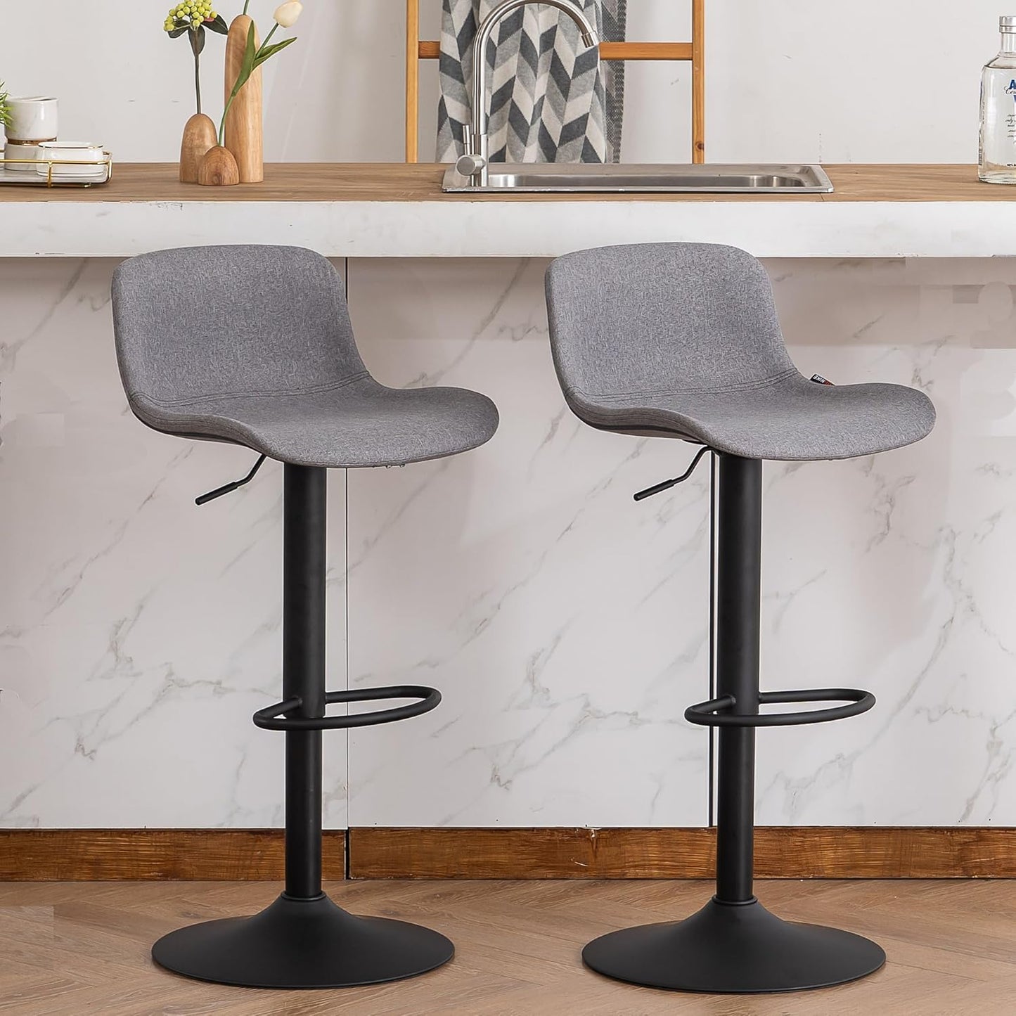 YOUTASTE Fabric Grey Bar Stools Set of 2, Adjustable Counter Height Barstools Swivel Modren Bar Stool with Back Metal Legs, Breakfast Bar Chairs for Kitchen Island Home Bistro