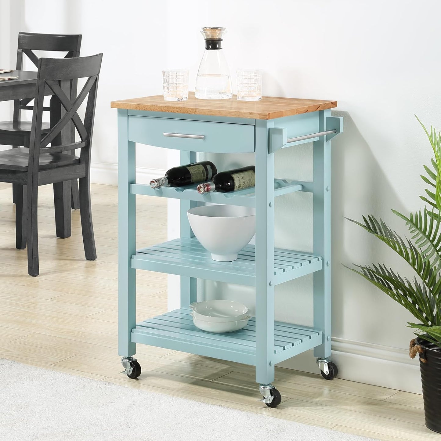 Convenience Concepts Ellaine Butcher Block Kitchen Cart 24.75" - 4 Tier Kitchen Island with Storage Drawer, Dining Room Wine Rack on Wheels, Coffee Station Table, Mobile Utility Trolley, Sea Foam