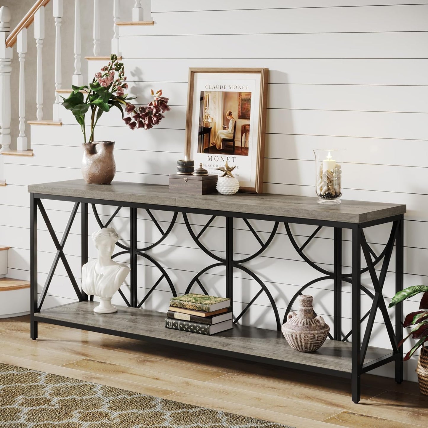 70.9-Inch Extra Long Sofa Table, Narrow Console Table Behind Couch with Storage for Entryway, Living Room, Entrance, Hallway, Foyer, Unique Geometric (Grey)