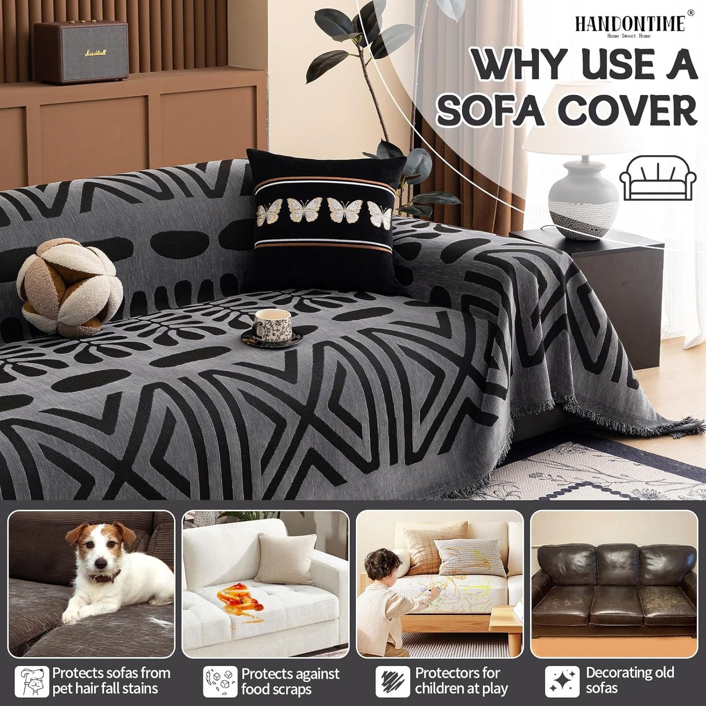 HANDONTIME Boho Couch Cover Blanket Geometric Striped Pet Covers for Couches and Sofas Dark Grey and Black Dog Cover for Couch Pet Friendly Chenille Sectional Sofa Covers for Pets Washable, 71" X134"