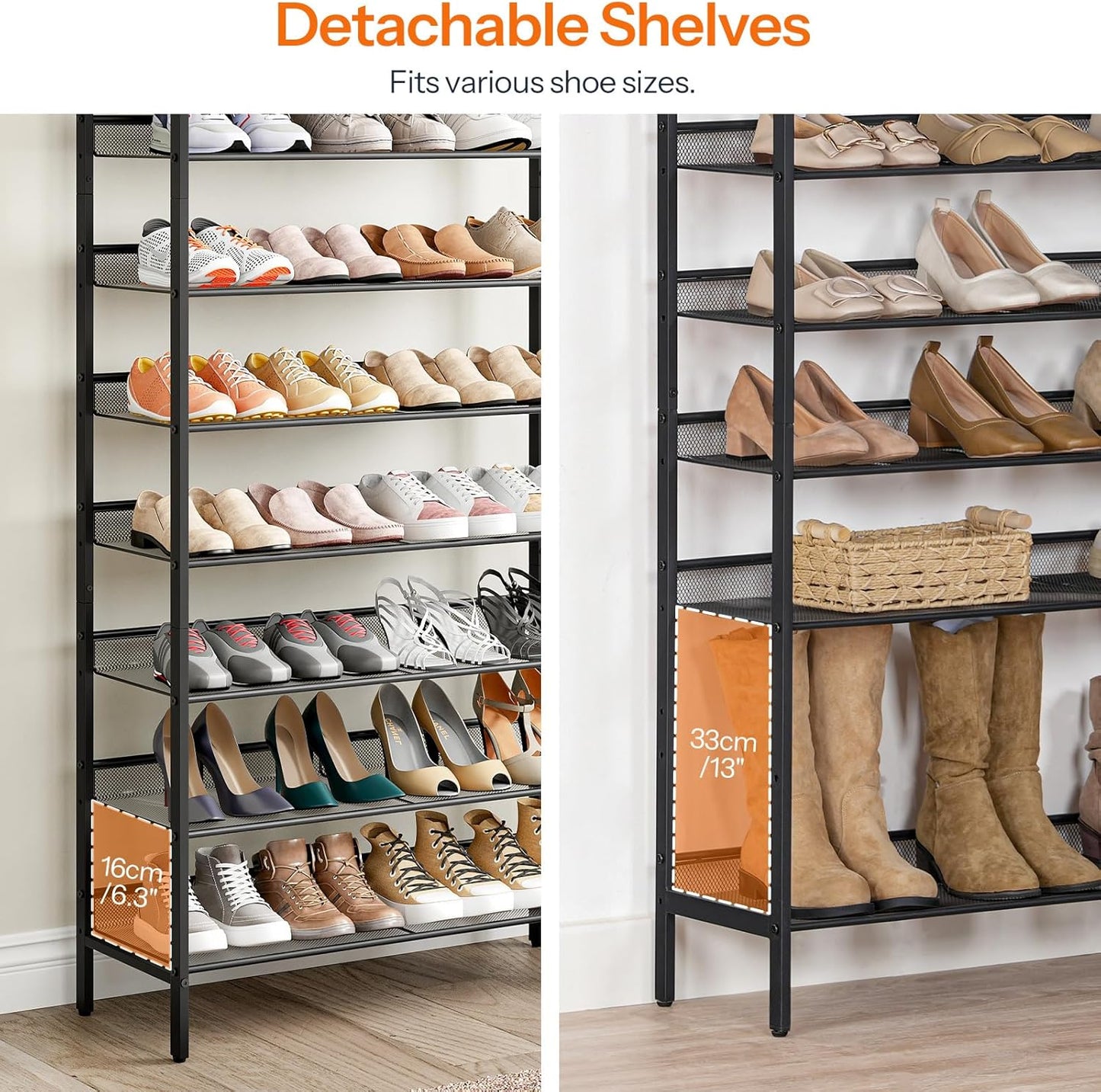 HOOBRO 8 Tier Shoe Rack, 39.4"L Shoe Shelf, Large Capacity Shoe Storage Organizer for 30+ Pairs of Shoes, Front Door Entrance, Entryway, Hallway, Closet, Space Saver, Rustic Brown and Black BF118XJ01