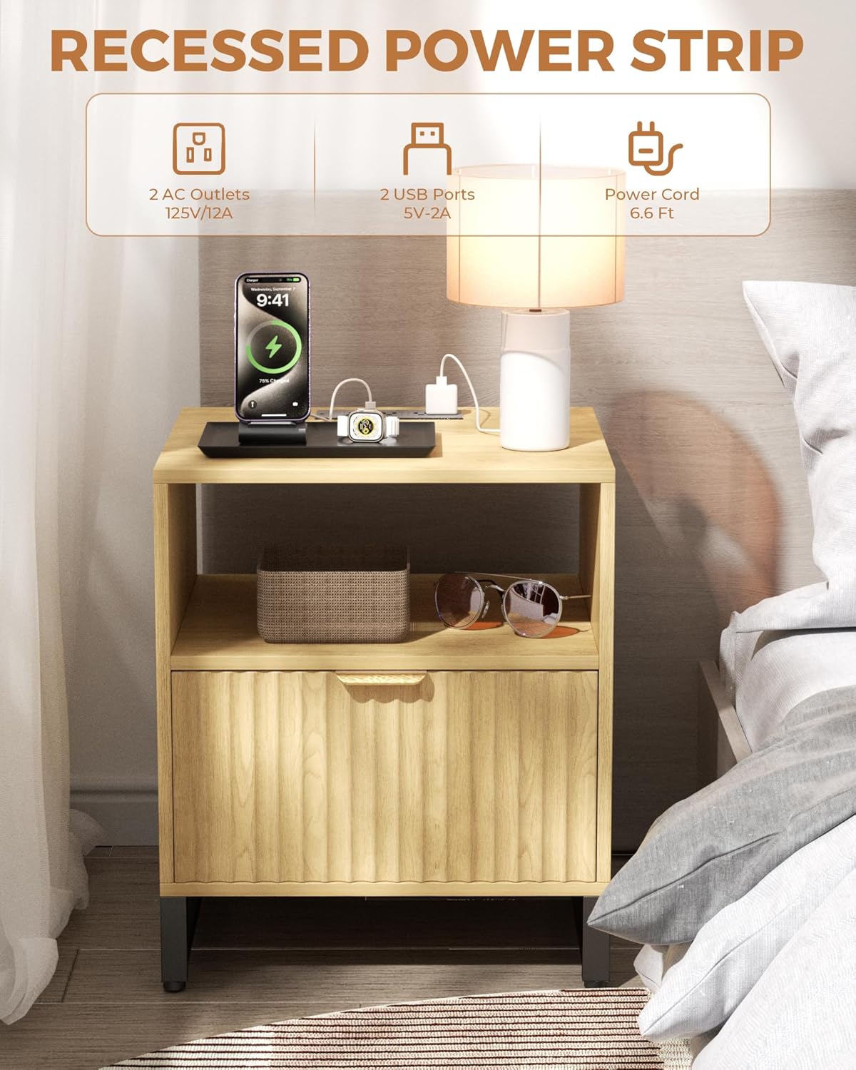 Fluted Night Stand with Charging Station, Wood Nightstand with Large Drawer and Open Storage Cabinet, Mid-Century Modern Bedside Table End Table for Bedroom Closet Office