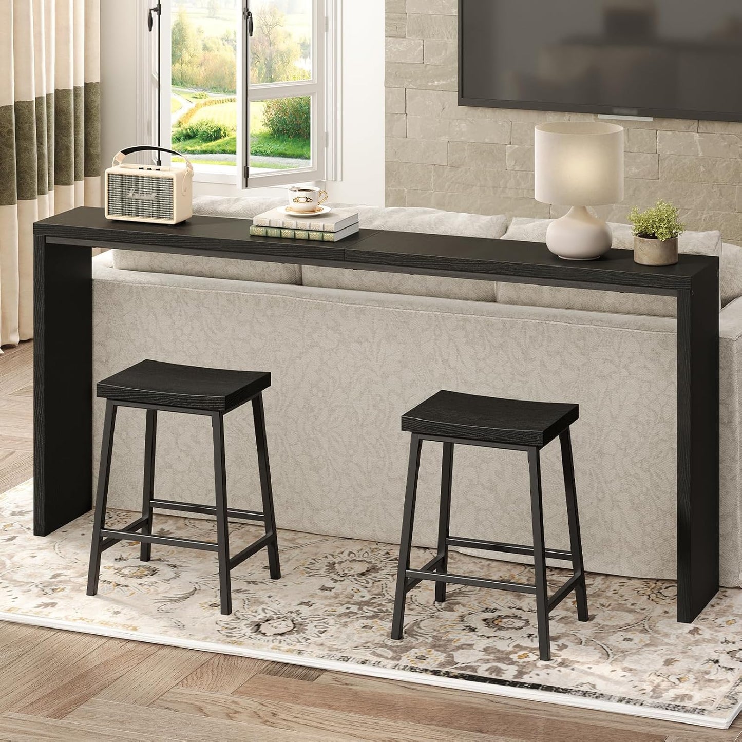 Bar Stools, Counter Height Bar Stools Set of 2, 23.7 Inch Saddle Stools with Footrest, Kitchen Stools, Industrial Style, for Dining Room, Counter, Bar, Black BABK0801