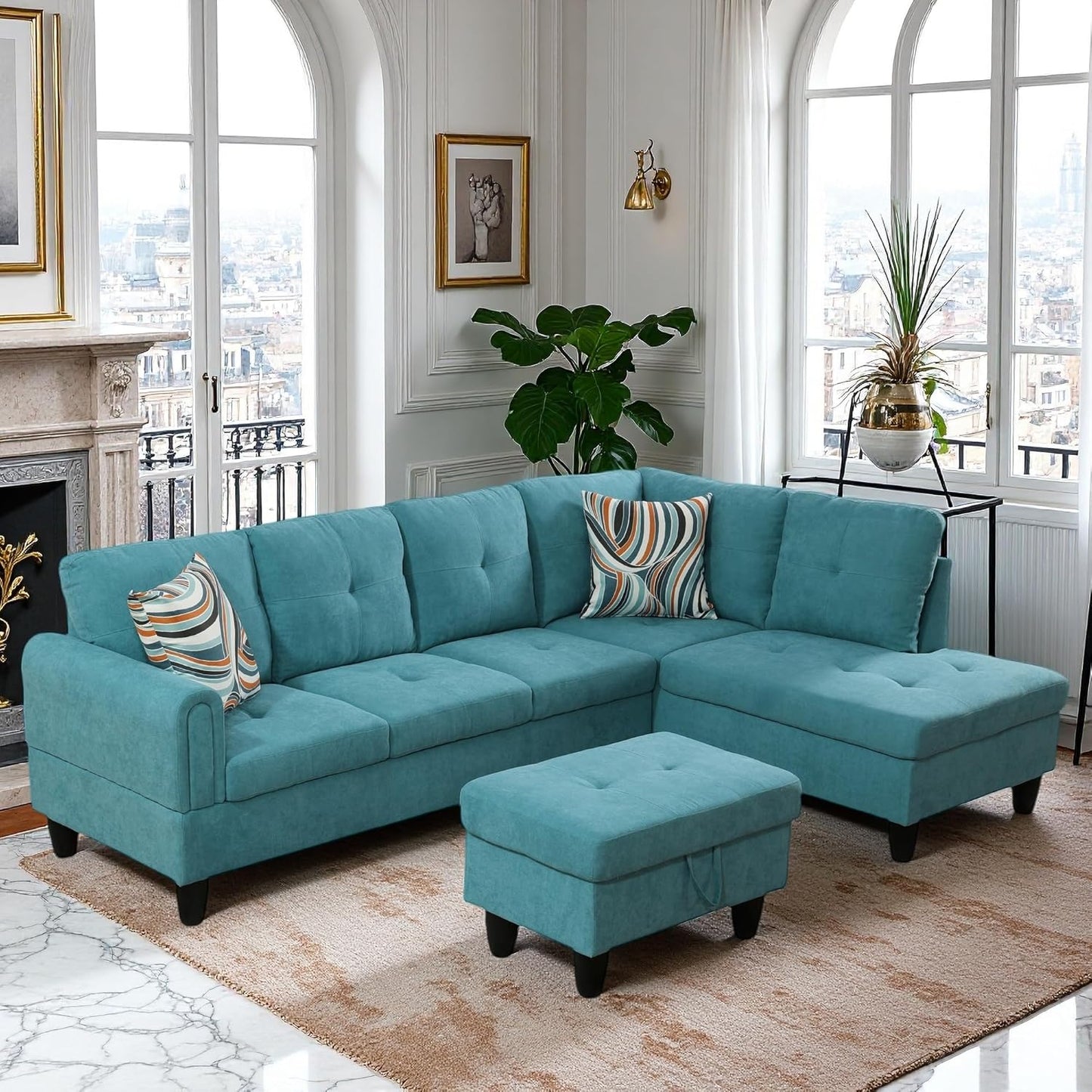 L-Shaped Sectional Sofa with Ottoman, Right-Facing Modern Microfiber Couch for Living Room, Bedroom, Office, Dark-Blue