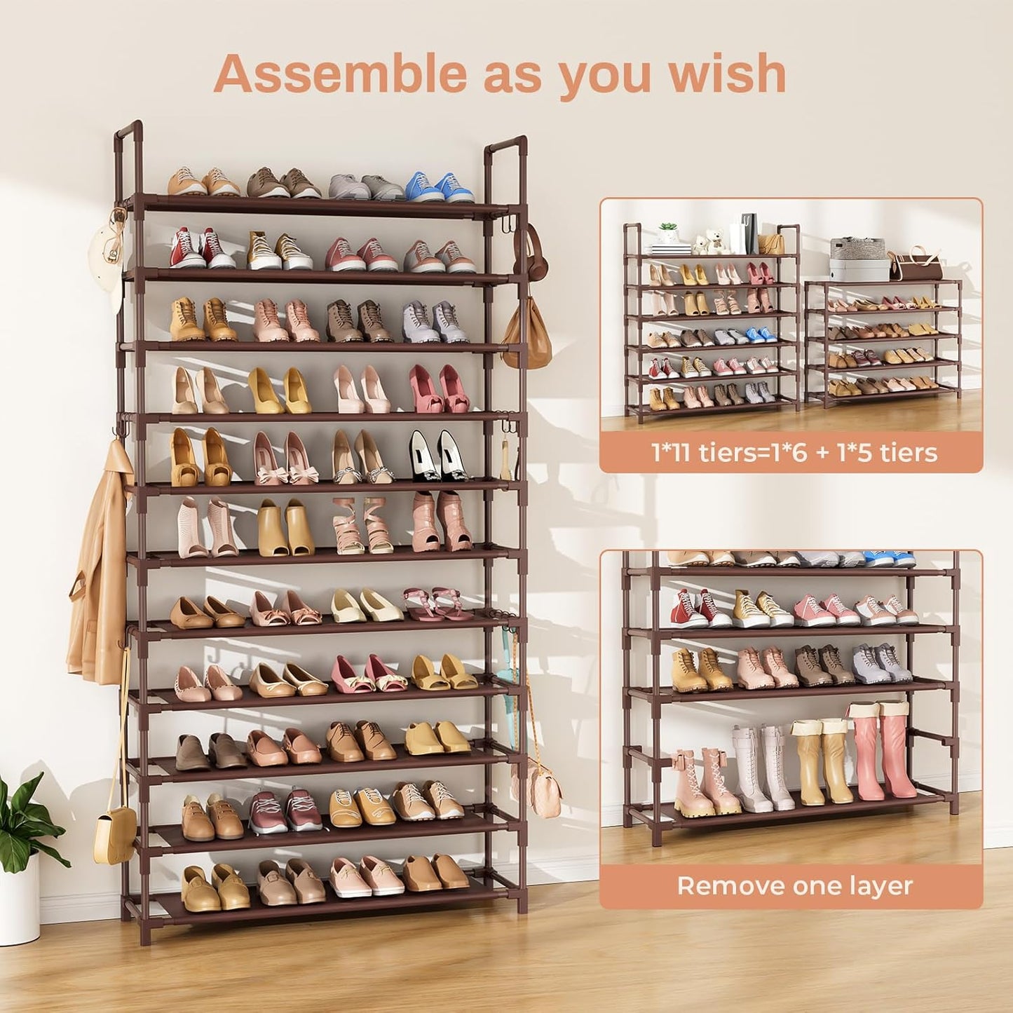 11 Tiers Tall Shoe Rack Holds 55 Pairs of Shoes with 18pcs Hooks Sturdy Wide Shoe Organizer Storage Free Standing Metal Shoe Shelf for Closet, Entryway Brown
