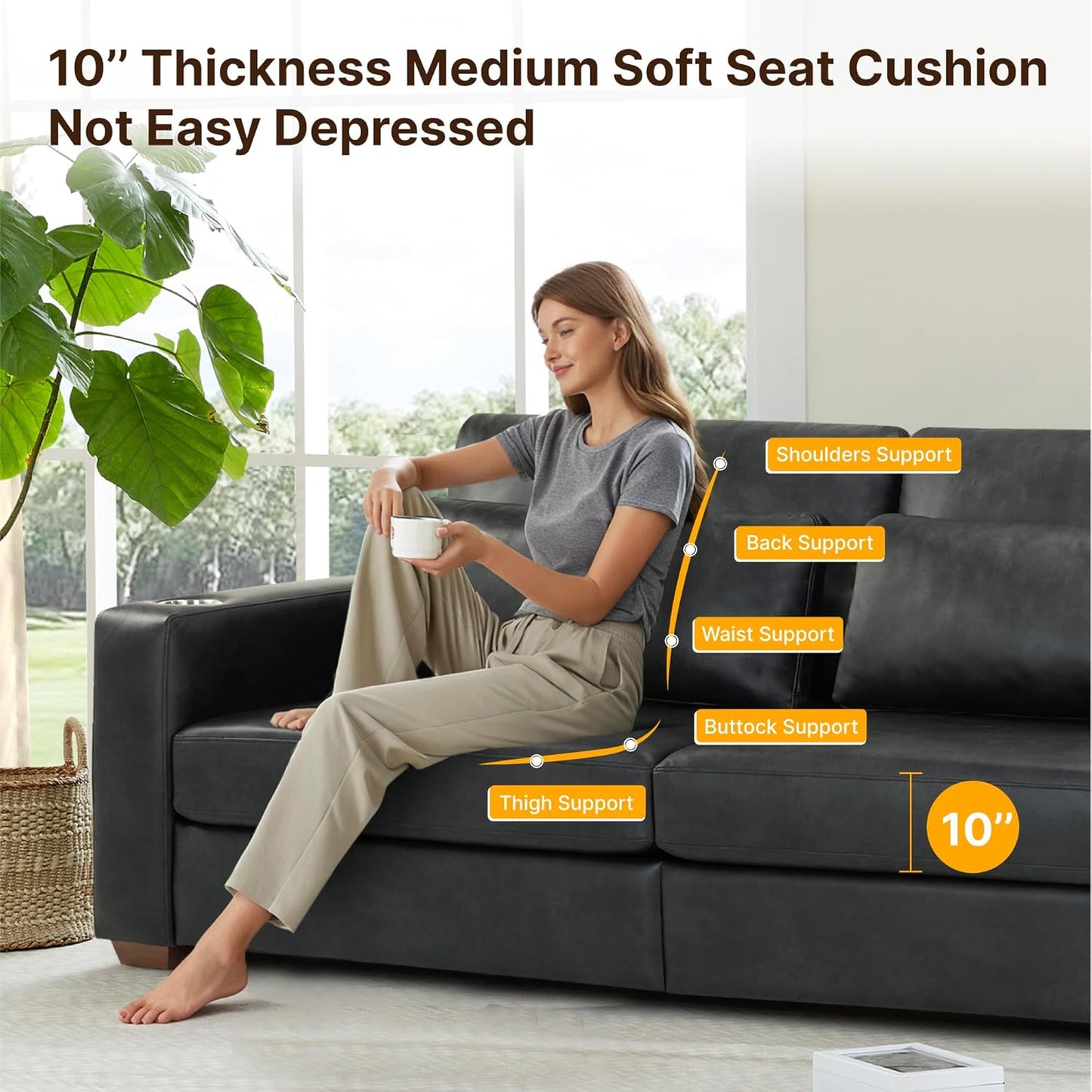 89" Sofa Couch for Living Room Faux Leather Upholstered Couch with Deep Seats and Wide Armrests 3 Seater Comfy Sofa with Cup Holders, USB & Type-C Ports, Spring Cushion, Solid Wood Frame Black