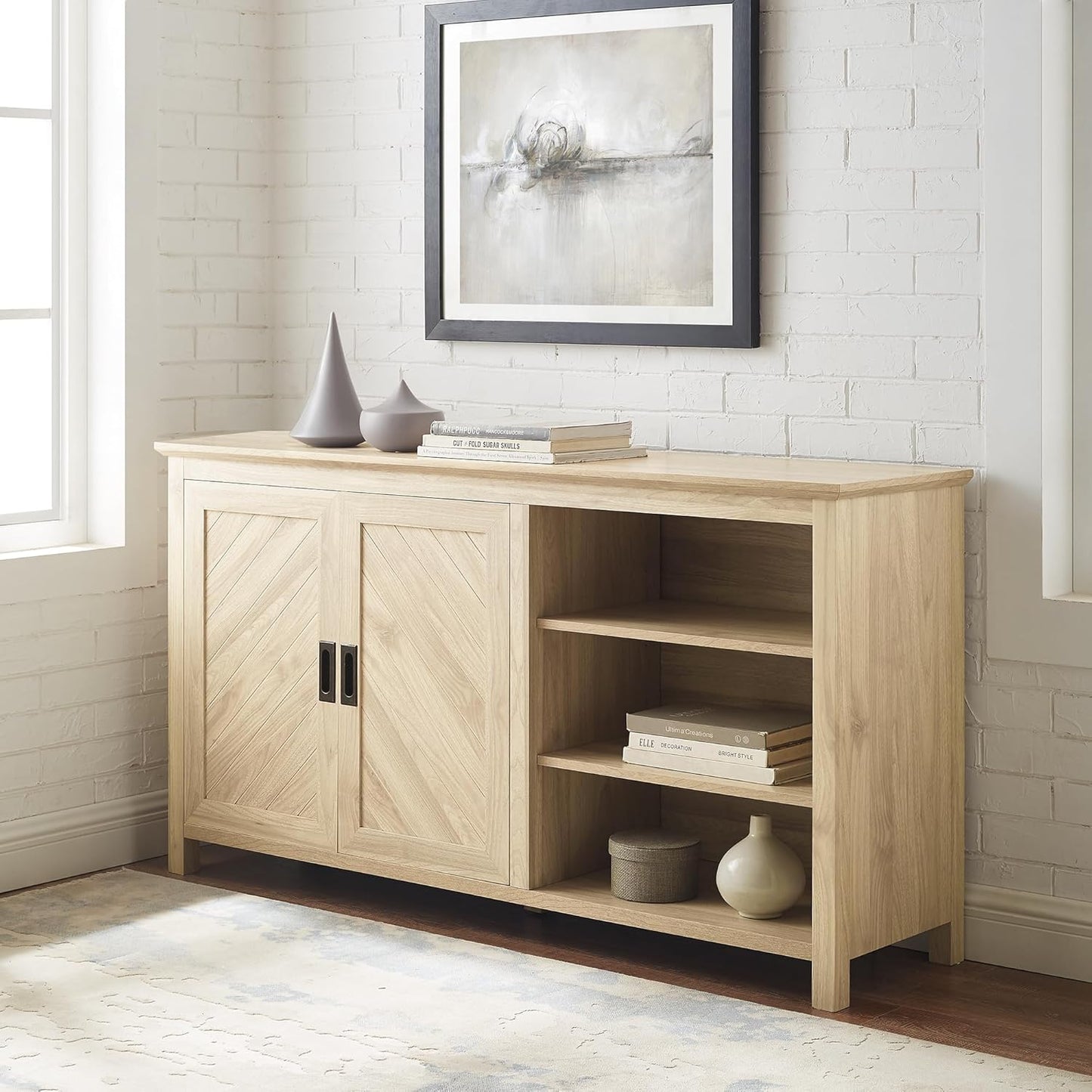 Walker Edison Modern Wood Grooved Buffet Sideboard with Open Storage-Entryway Serving Storage Cabinet Doors-Dining Room Console, 58 Inch, Birch