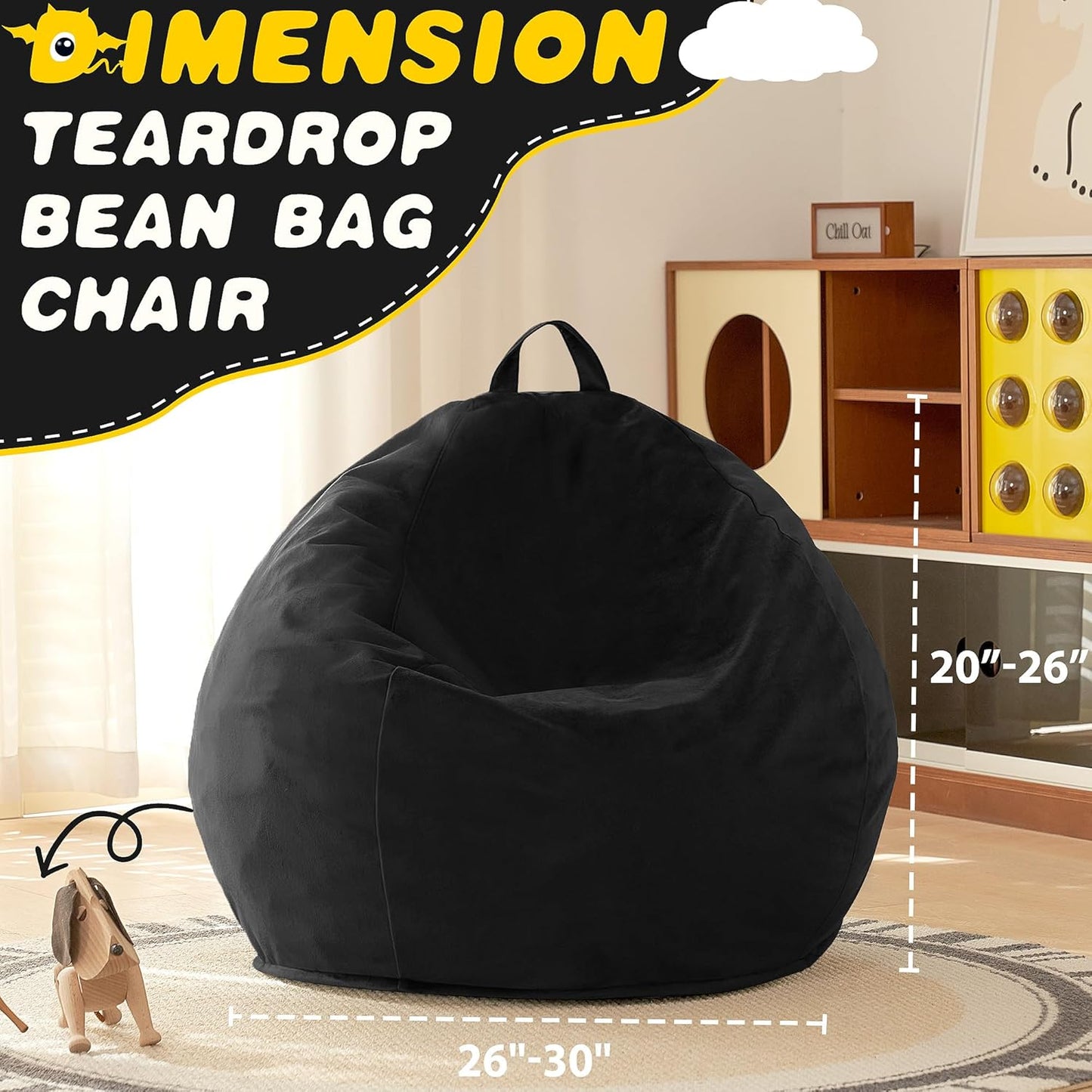 HABUTWAY 2FT Bean Bag Chair, 2' Beanbags Small Bean Bag Chairs with Filling, Teardrop Bean Bag Chair Luxurious Velvet Ultra Soft Fur with Removable Cover (Black)