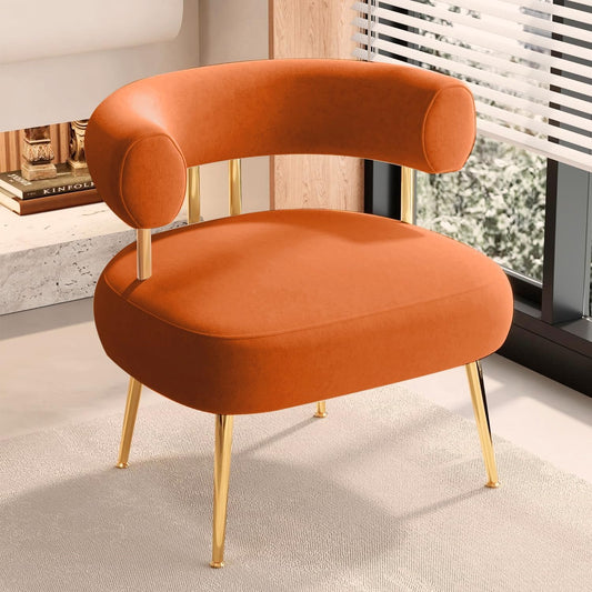 Modern Velvet Accent Chair, Round Upholstered Barrel Armchair for Small Spaces, Fluffy Side Corner Sofa Chair for Living Room, Bedroom, Vanity, Office, Reading Nook(Orange)
