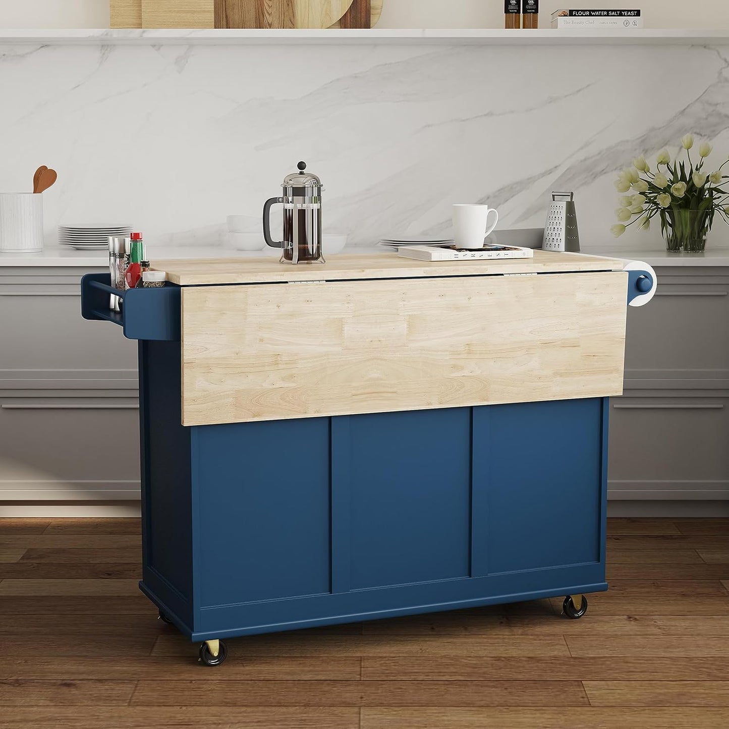 Homestyles Mobile Kitchen Island Cart with Wood Top and Dropleaf Breakfast Bar, Blue