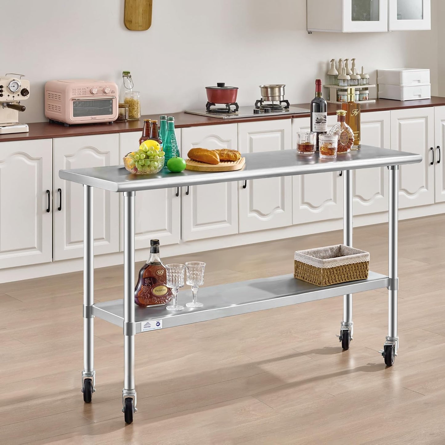 ROCKPOINT Stainless Steel Table for Prep & Work with Caster Wheels 18x72 Inches, NSF Metal Commercial Kitchen Heavy Duty Table with Adjustable Under Shelf and Table Foot for Restaurant, Home and Hotel