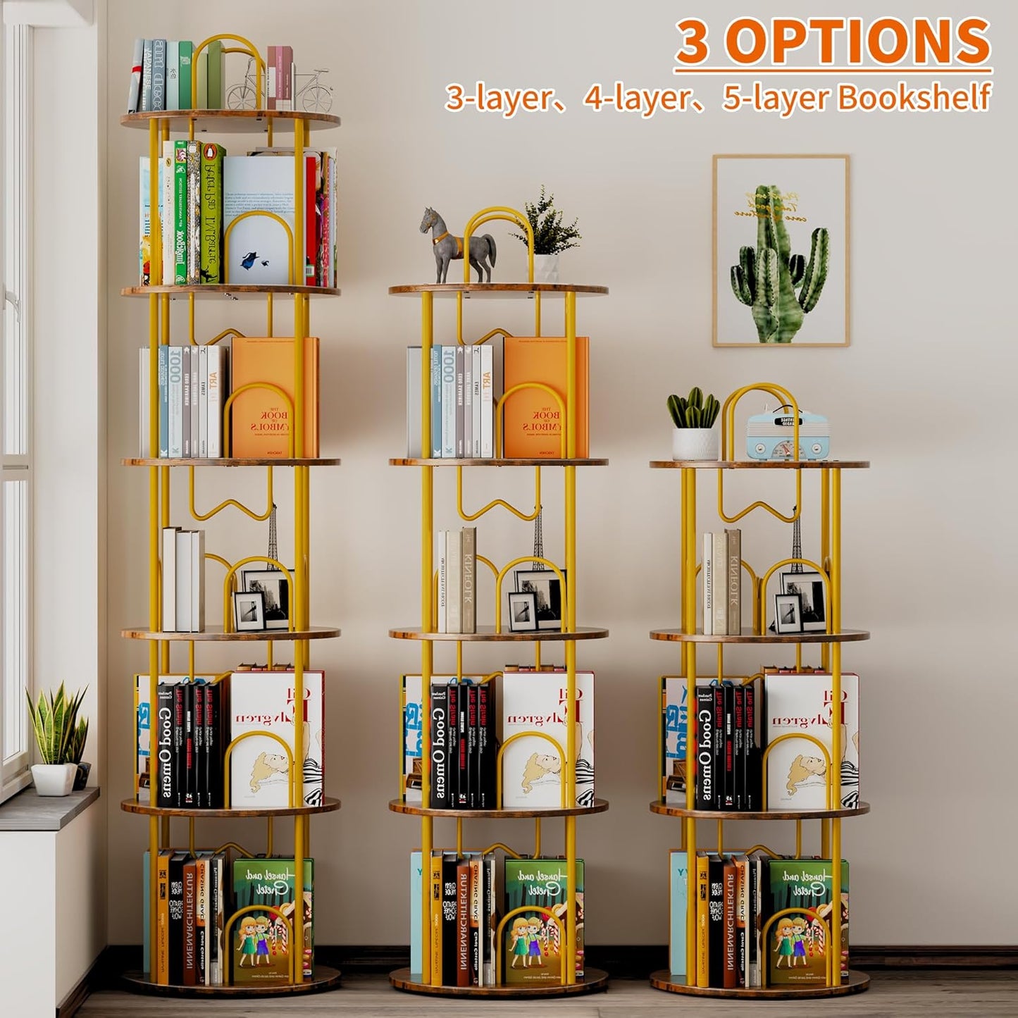 4 Tier Rotating Bookshelf, 360° Spinning Bookshelf Tower, Round Narrow Space Saving for Books and Display, Revolving Bookcase Corner Tall Book Shelf for Small Spaces, Bedroom, Living Room, Gold