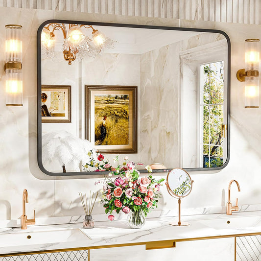 22"×30" Bathroom Mirror for Wall, Modern Bathroom Vanity Mirror, Black Bathroom Mirrors for Over Sink with Metal Framed HD Tempered Glass Hangs Horizontally or Vertically