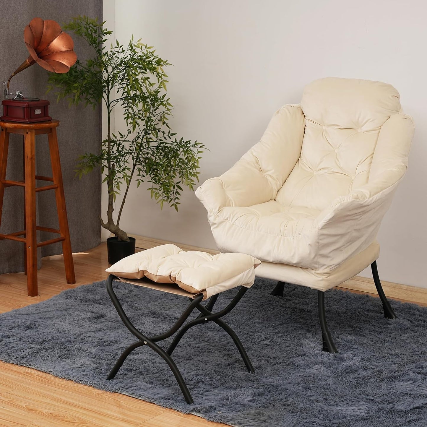 Lazy Chair with Folding Ottoman,Living Room Chairs, Accent Contemporary Lounge Chair, Single Steel Frame Leisure Sofa Chair with Armrests and A Side Pocket (White)