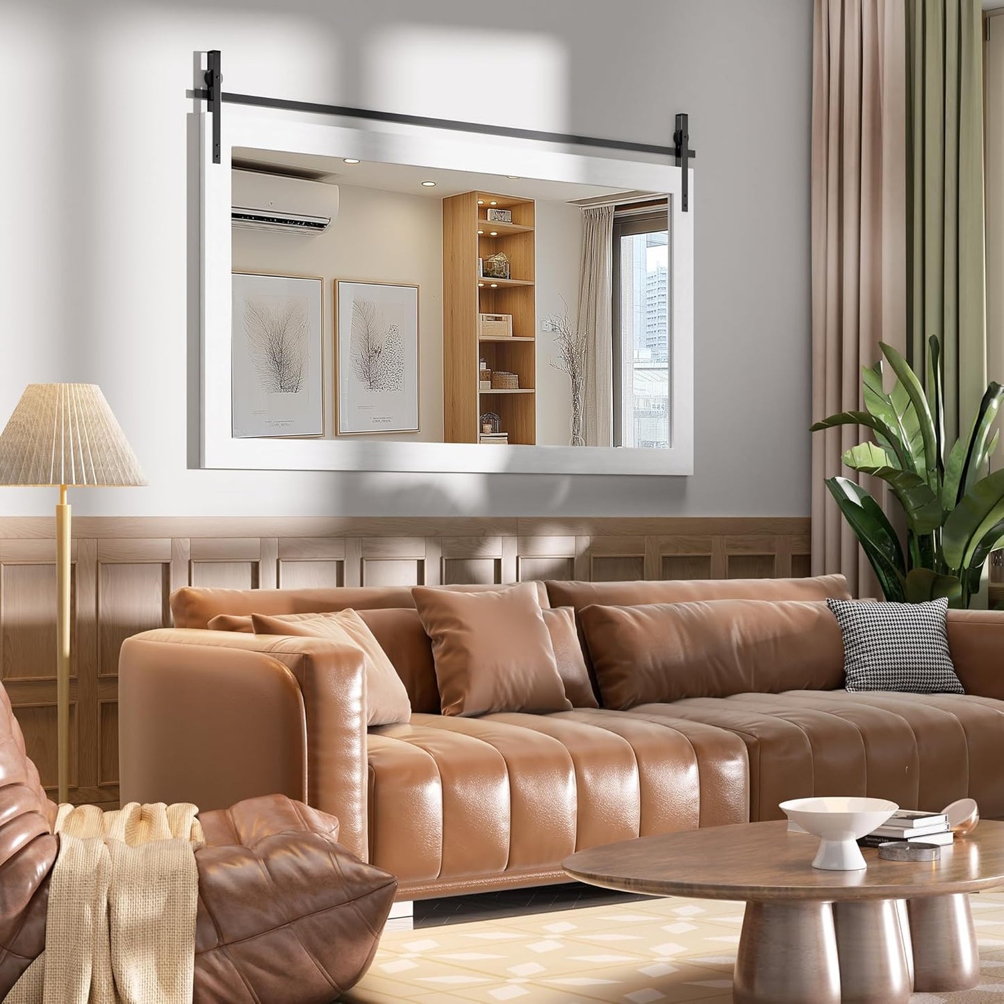 Hasipu Farmhouse Bathroom Mirror, 40"x26" Rustic Wood Framed Wall Mounted Mirror, White Vintage Vanity Mirror Barn Door Style Decrative Mirrors