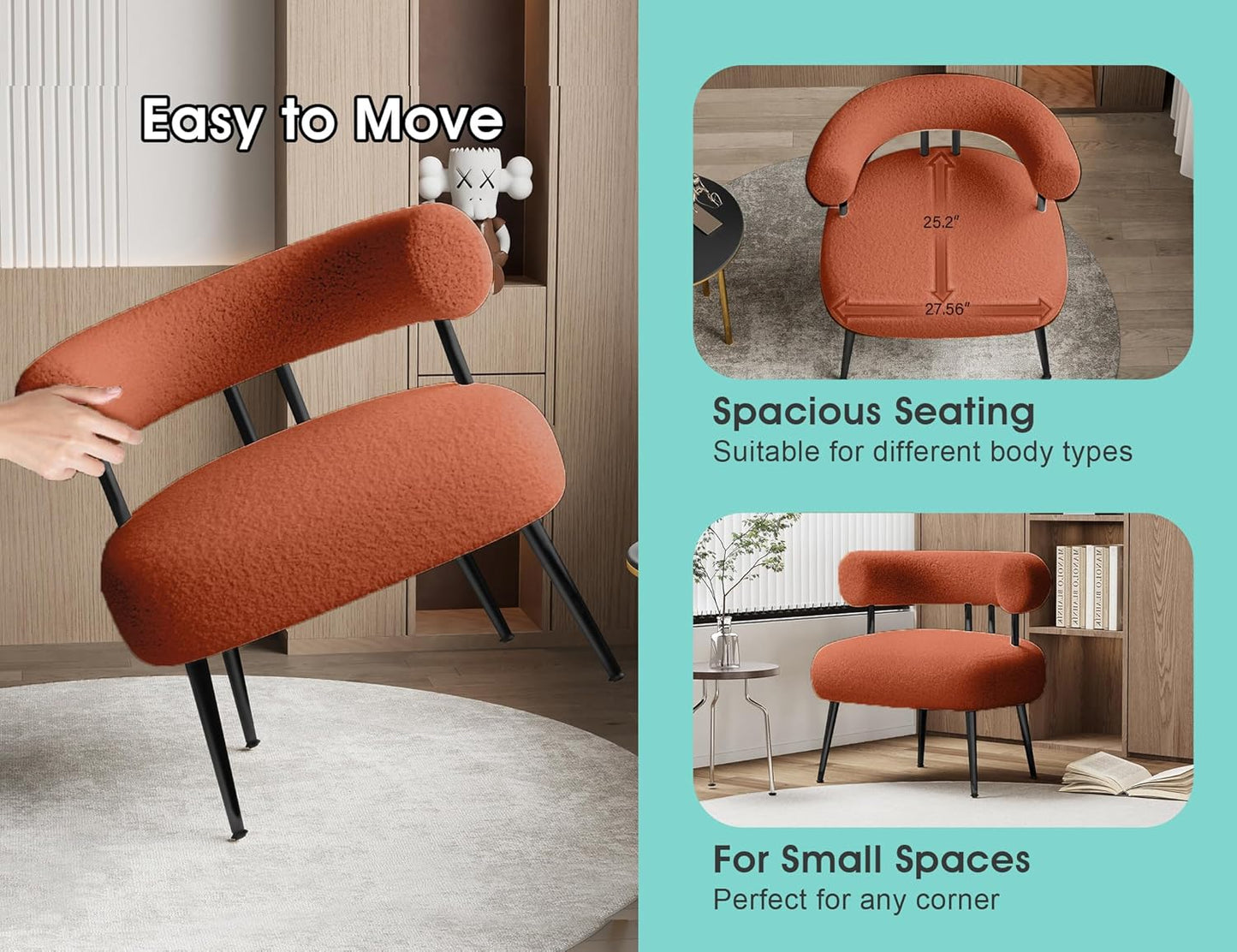 Mid Century Sherpa Boucle Accent Chair, Round Upholstered Barrel Arm Chair for Small Spaces, Fluffy Side Corner Sofa Chair for Living Room, Bedroom, Vanity, Office, Reading Nook（Orange）