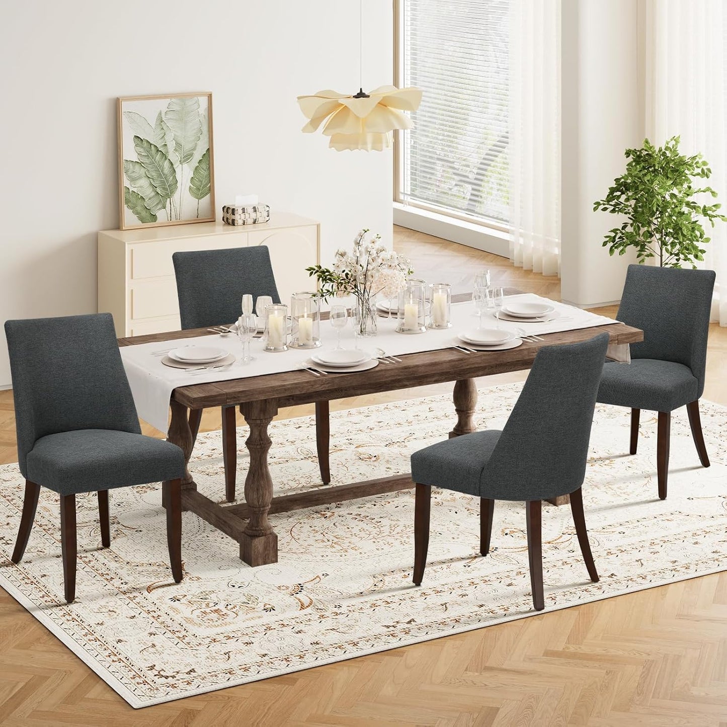 COLAMY Upholstered Dining Chairs Set of 4, Mid Century Modern Kitchen Chairs with Back, Farmhouse Fabric Side Dining Room Chairs with Wood Legs for Dining Room Restaurant, Dark Grey