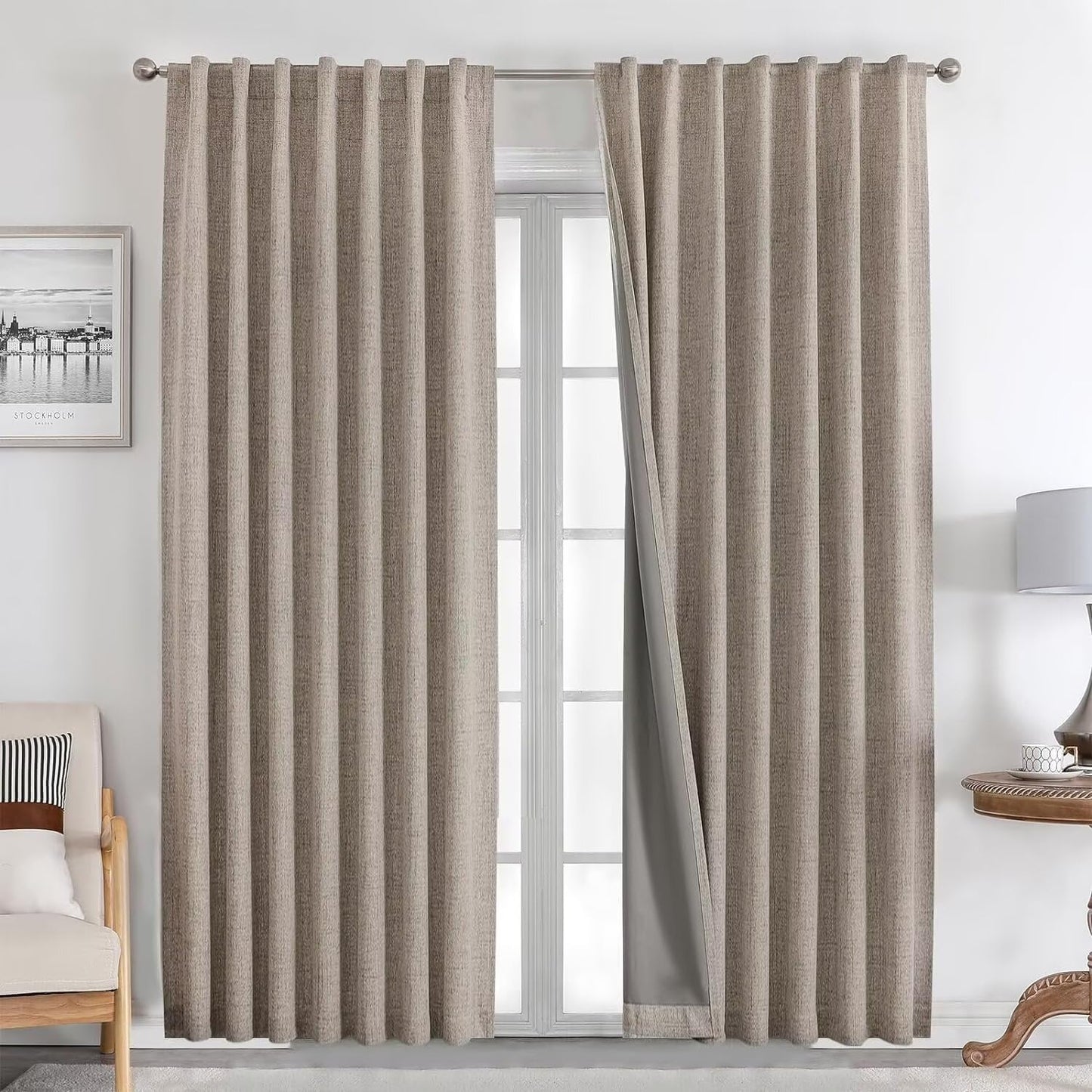 Joydeco Natural Linen Curtains 84 inch Length 2 Panels Set Burg 100% Blackout Patio Door Curtain Room Darkening Sliding Door Curtains Thermal Insulated Back tab Rod Pocket(105x84 inch, Linen)
