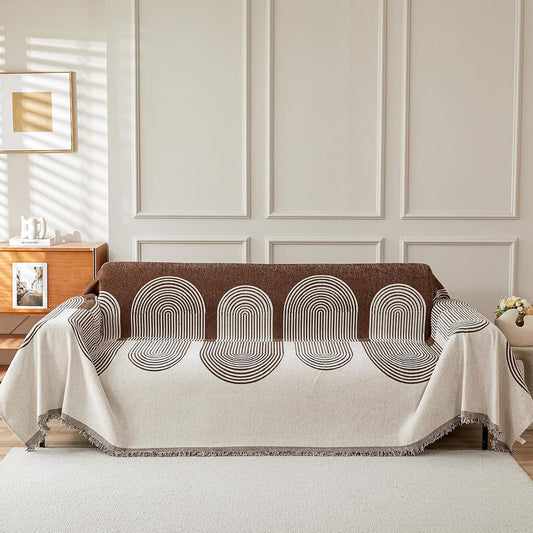 STACYPIK Soft Boho Chenille Couch Cover for Pets Beige Khaki Sofa Cover for 3 Cushion Couch Non Slip Furniture Protector with Tassels Geometric Couch Cover L Shaped Pet Friendly Washable-71x134IN