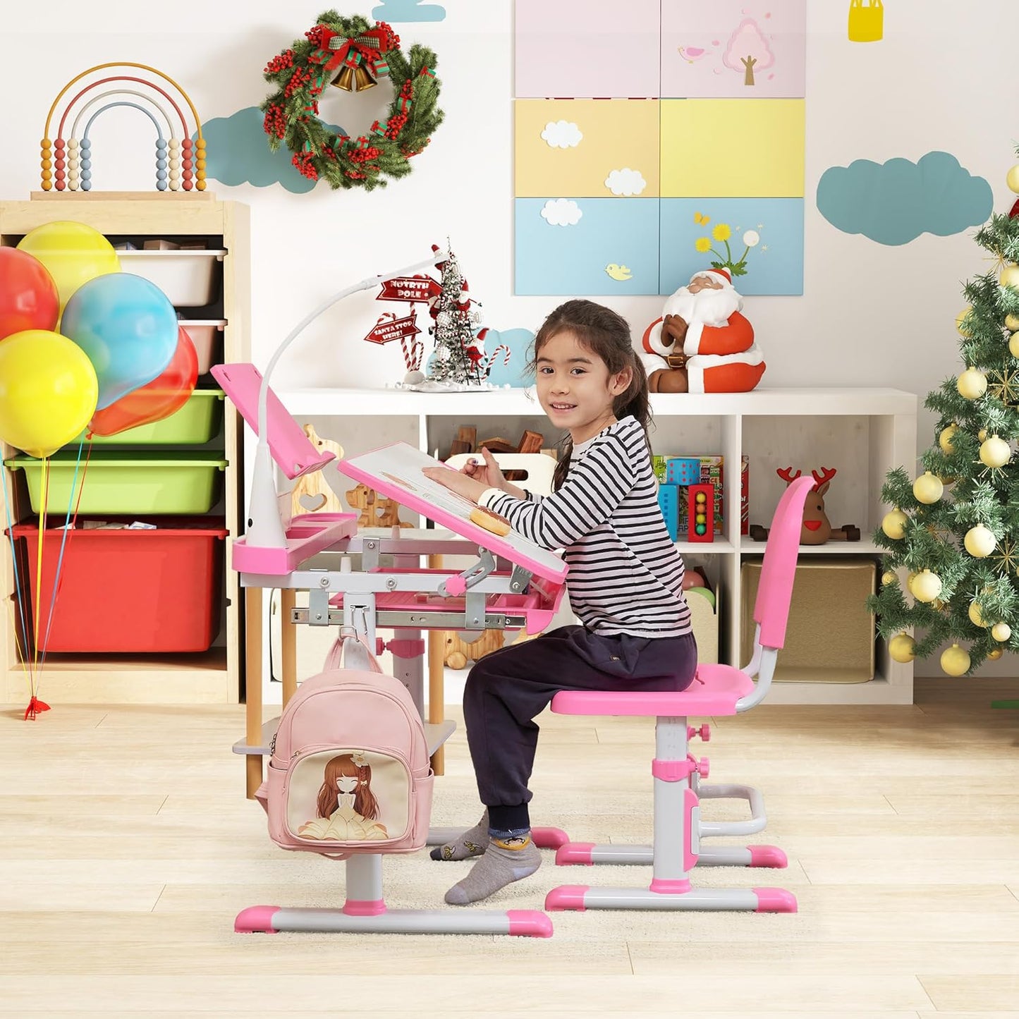 Real Relax Kids Desk and Chair Set, Children's Multifunctional School Tables with Tilt Desktop, LED Light, Metal Hook Pink