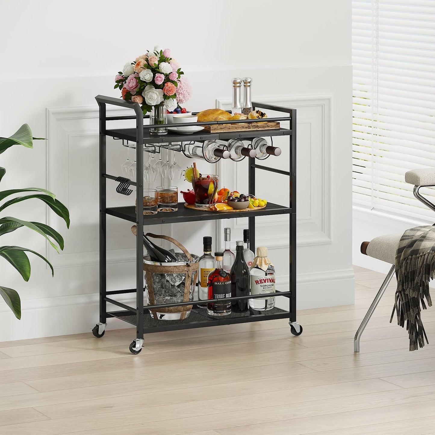 3 Tier Bar Cart, Home Bar Serving Cart with Wheels, Small Rolling Beverage Cart with Glass Holders, Mini Drink Cart with Wine Rack for Kitchen Dining Living Room Black GBC507B