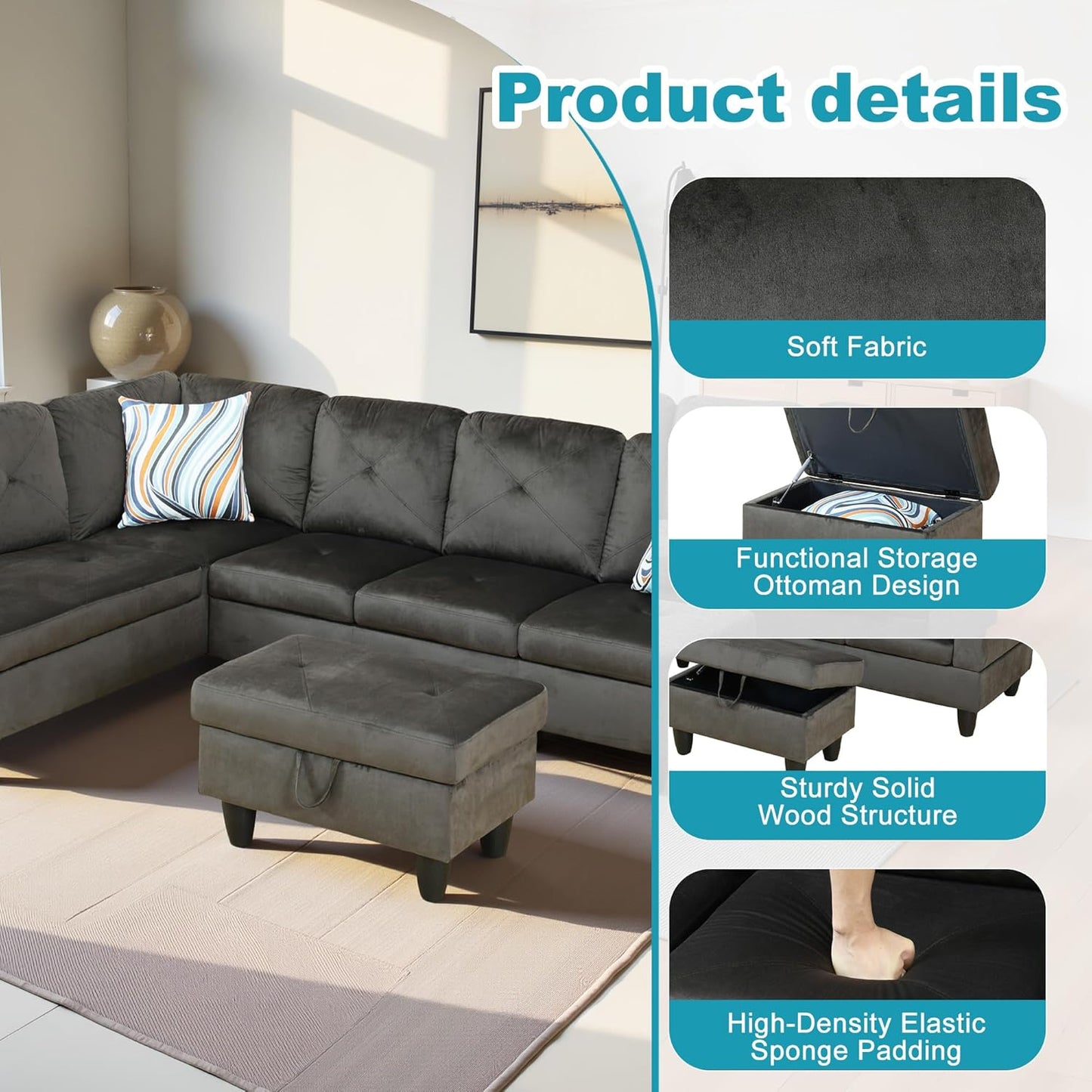 L Shaped Couch Modern Sectional Couch Upholstered Flannel Fabric 3 Pieces Sofas for Living Room with Chaise, Storage Ottoman for Office and Small Apartment, Grey