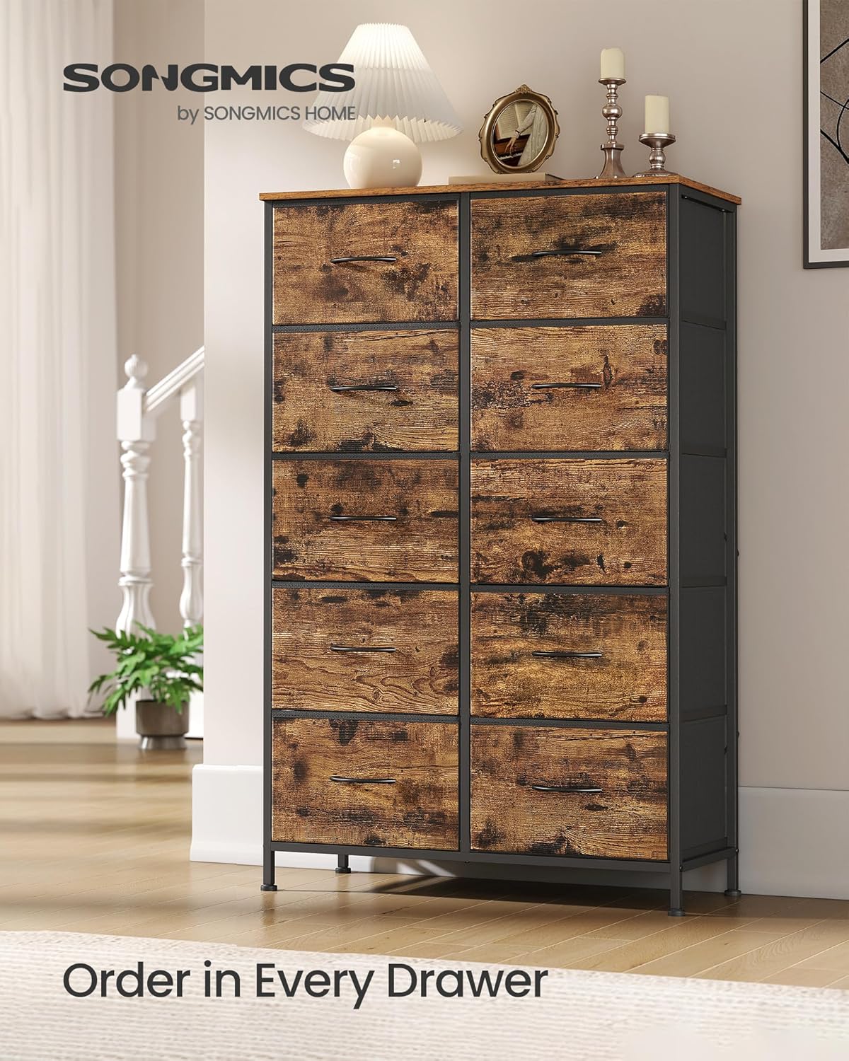 SONGMICS Dresser for Bedroom, Chest of Drawers, Steel, MDF, 10 Non-Woven Fabric Drawers, Storage Organizer Unit, Closet, Entryway, Rustic Brown and Ink Black ULGS125B02S