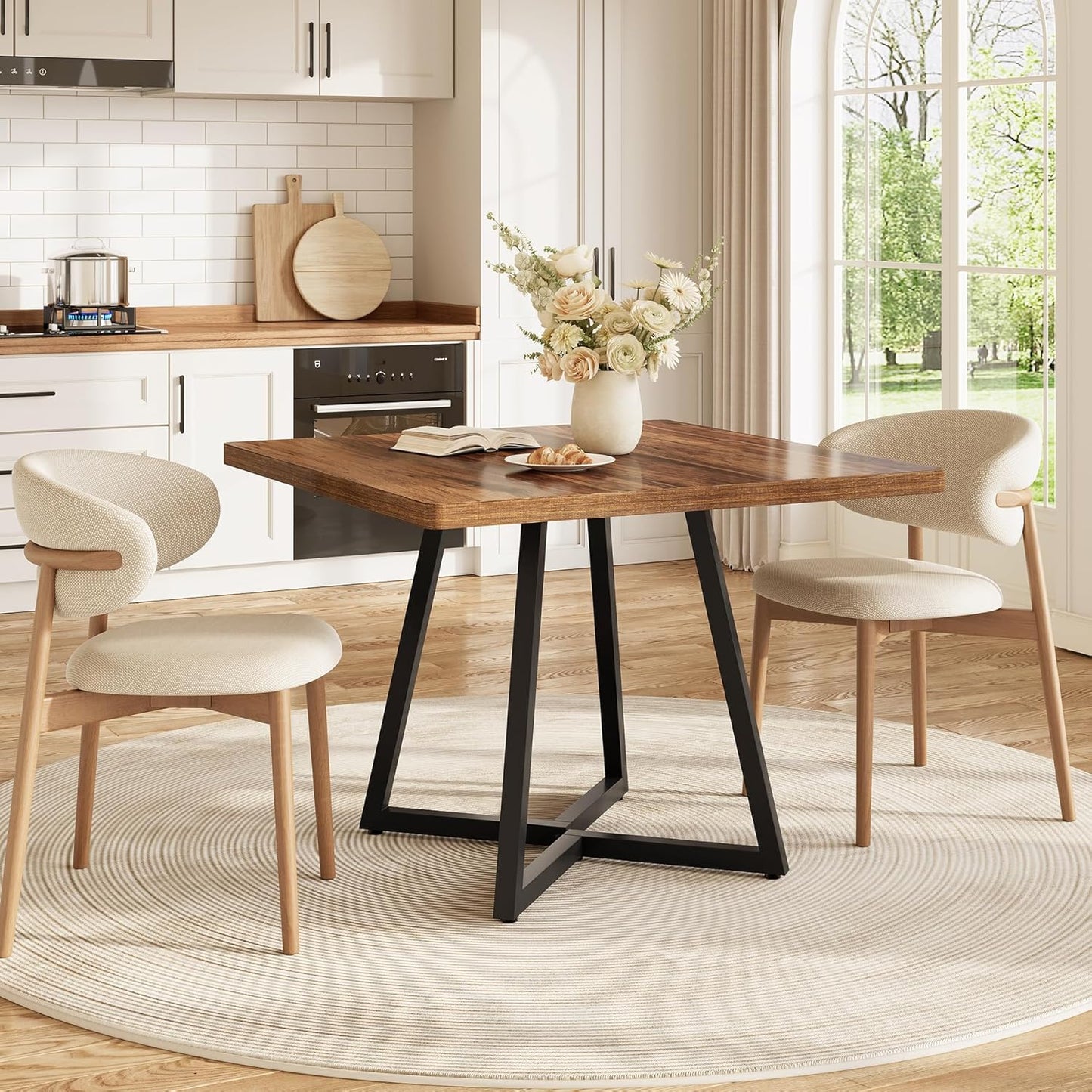 LITTLE TREE 31.5 Inches Small Dining Table for 4, Square Dinner Table for Small Space, Dining Room Tables, Rustic Brown Wooden Kitchen Table with Metal Legs, Modern Leisure Cafe Table for Apartment