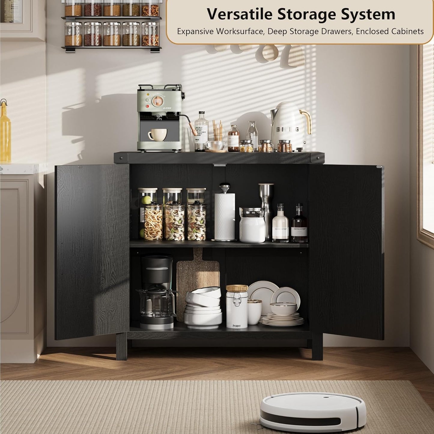 IDEALHOUSE Rattan Buffet Cabinet with Storage, Sideboard with Synthetic Rattan-Accent Doors, Adjustable Shelves, Storage Cabinet for Living Room Dining Room Hallway, Black