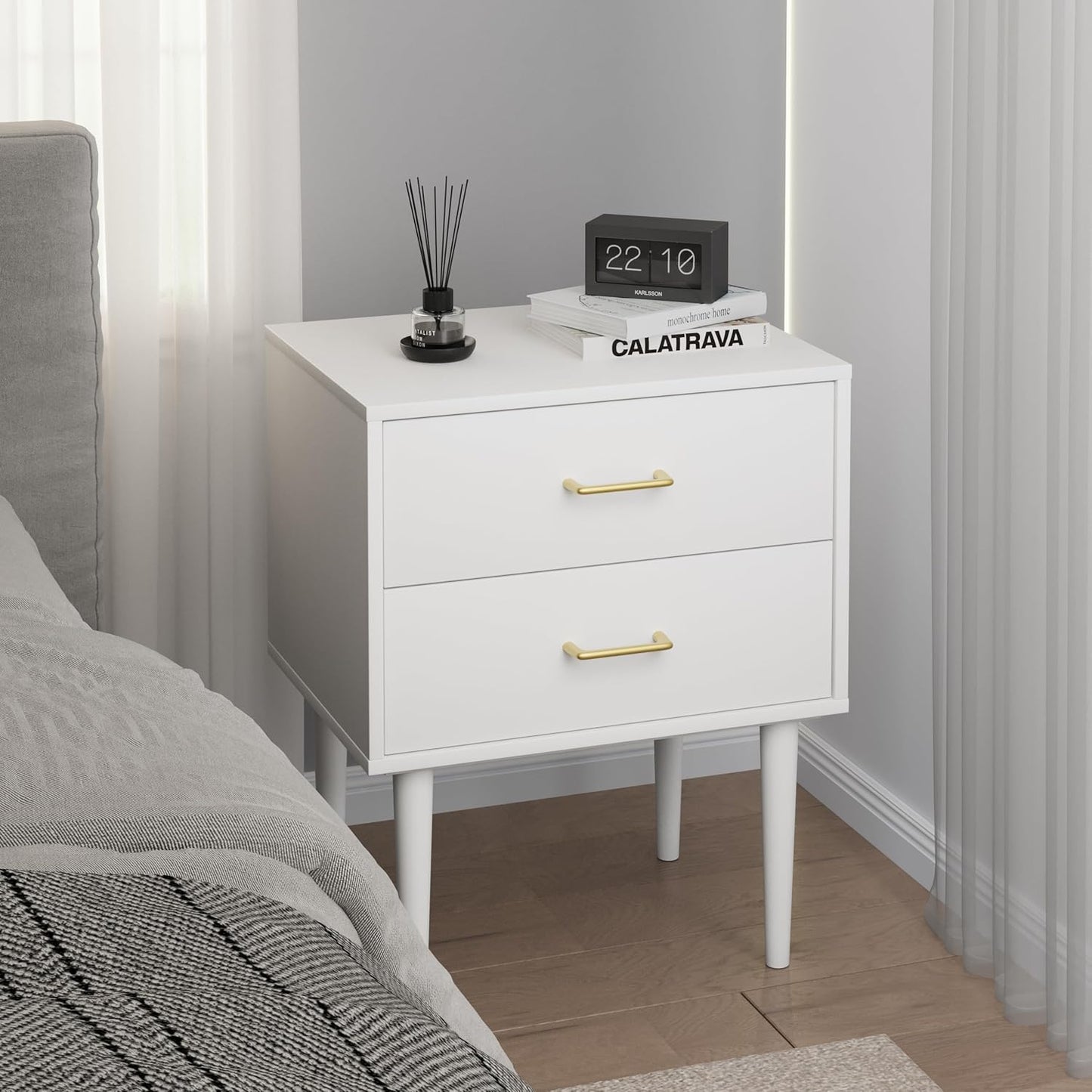 White Nightstand with 2 Drawers, 26" Tall Modern Bedside Table, Mid-Century Modern End Table, Wood Night Stand with Solid Wood Leg for Bedroom, Office