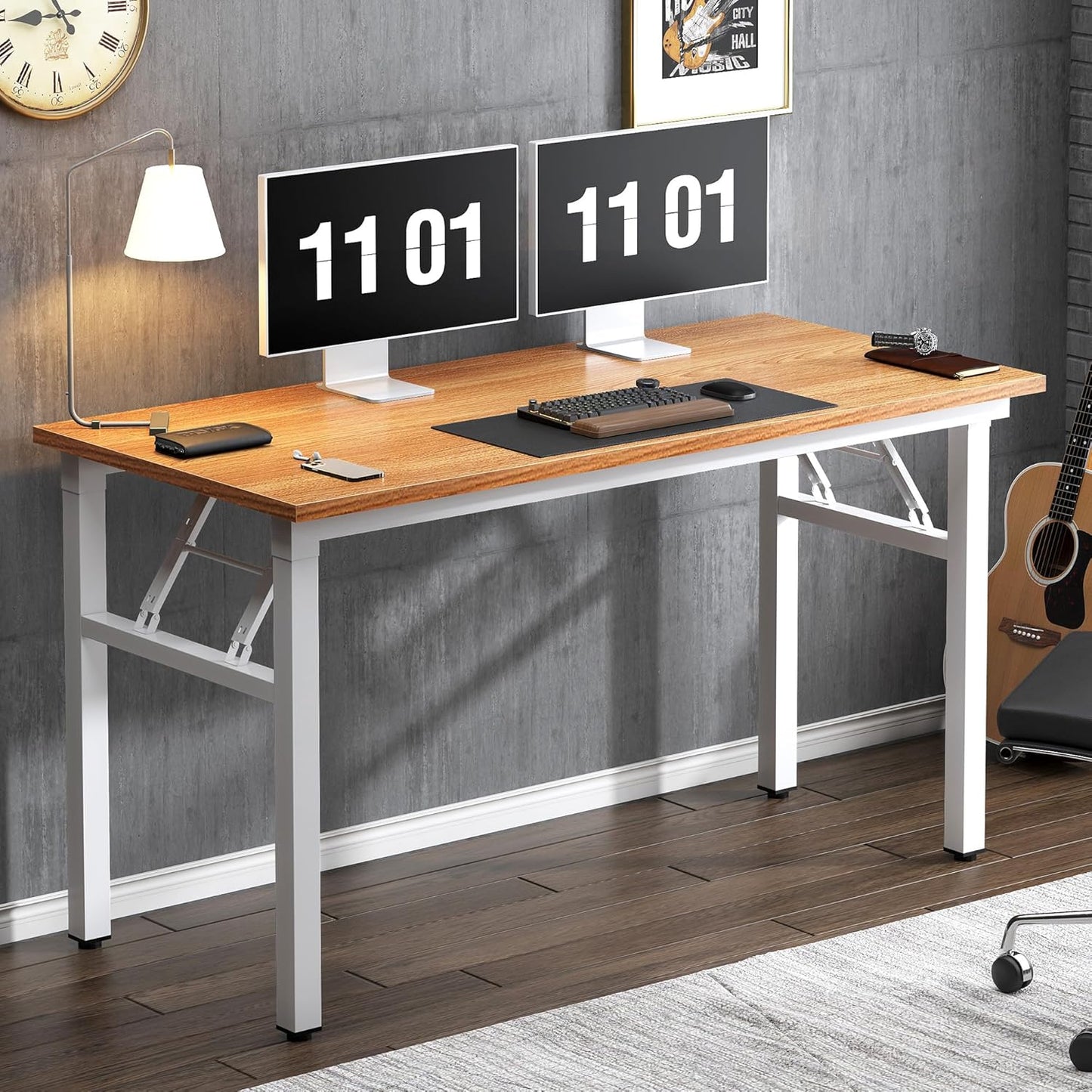 SDHYL 47 inches No Assembly Foldable Computer Desk for Home Office Workstation, Simple Folding Study and Writing Table with Metal Frame, Teak and White