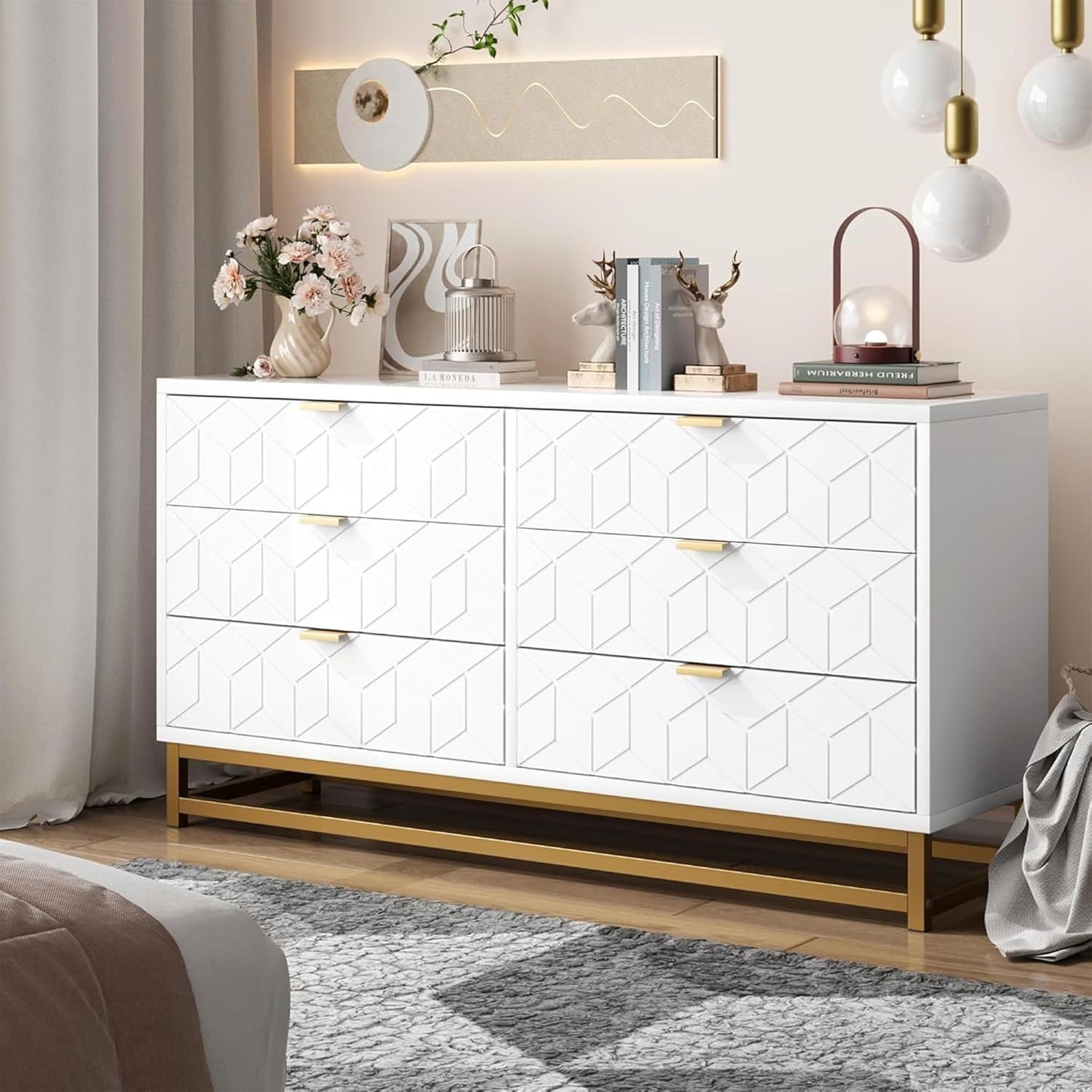 Dresser for Bedroom, 53.5" Large Dresser Organizer, 6 Drawer with Golden Metal Handle and Legs, Modern Chest of Drawers, White Dressers with Drawers for Closet, Hallway, Living Room, Entryway