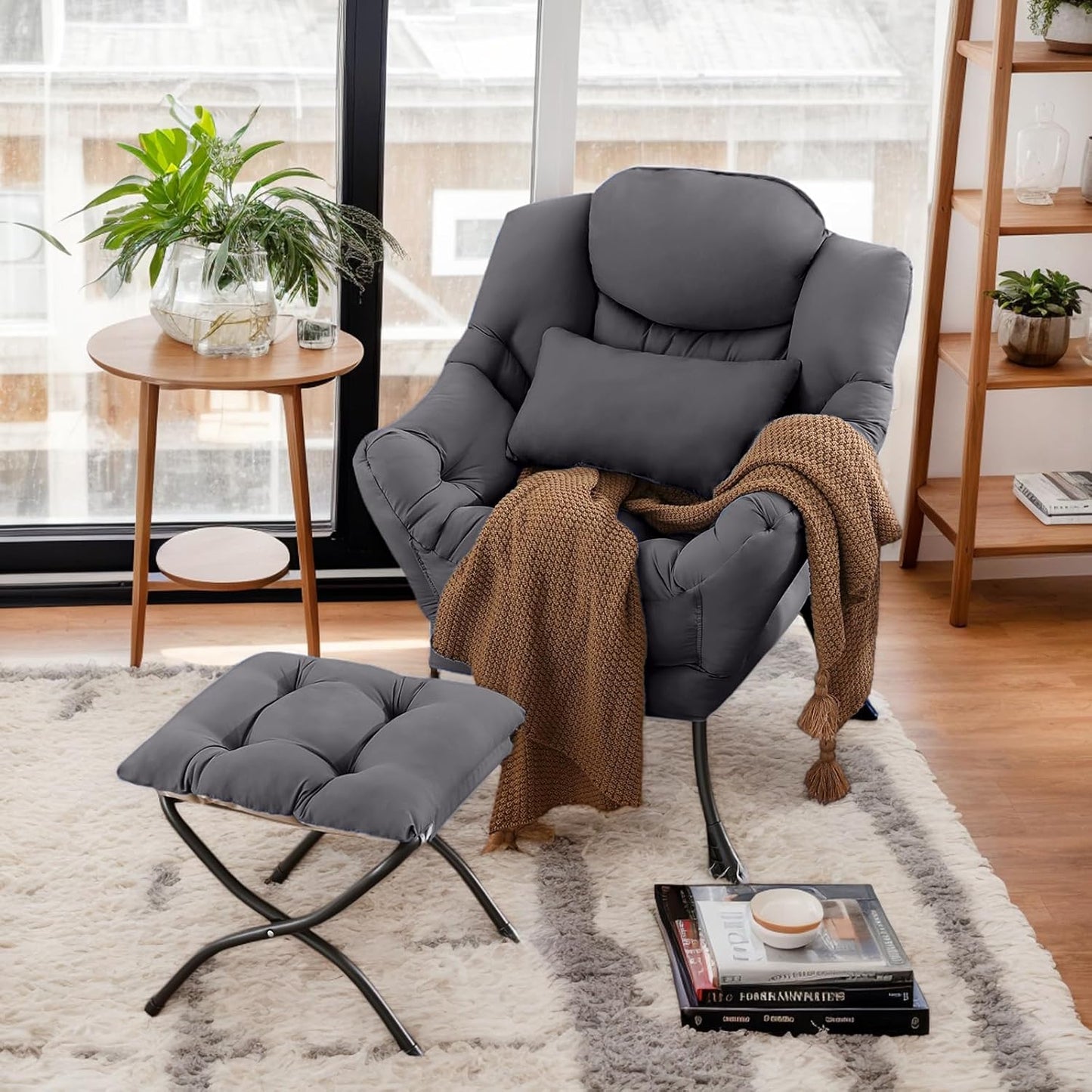 Lazy Chair with Ottoman, Comfy Fabric Accent Lounge Arm Chair with Lumbar Pillow and Folding Footrest, Reading Leisure Sofa Armchair for Bedroom, Living Room, Dorm,Dark Grey