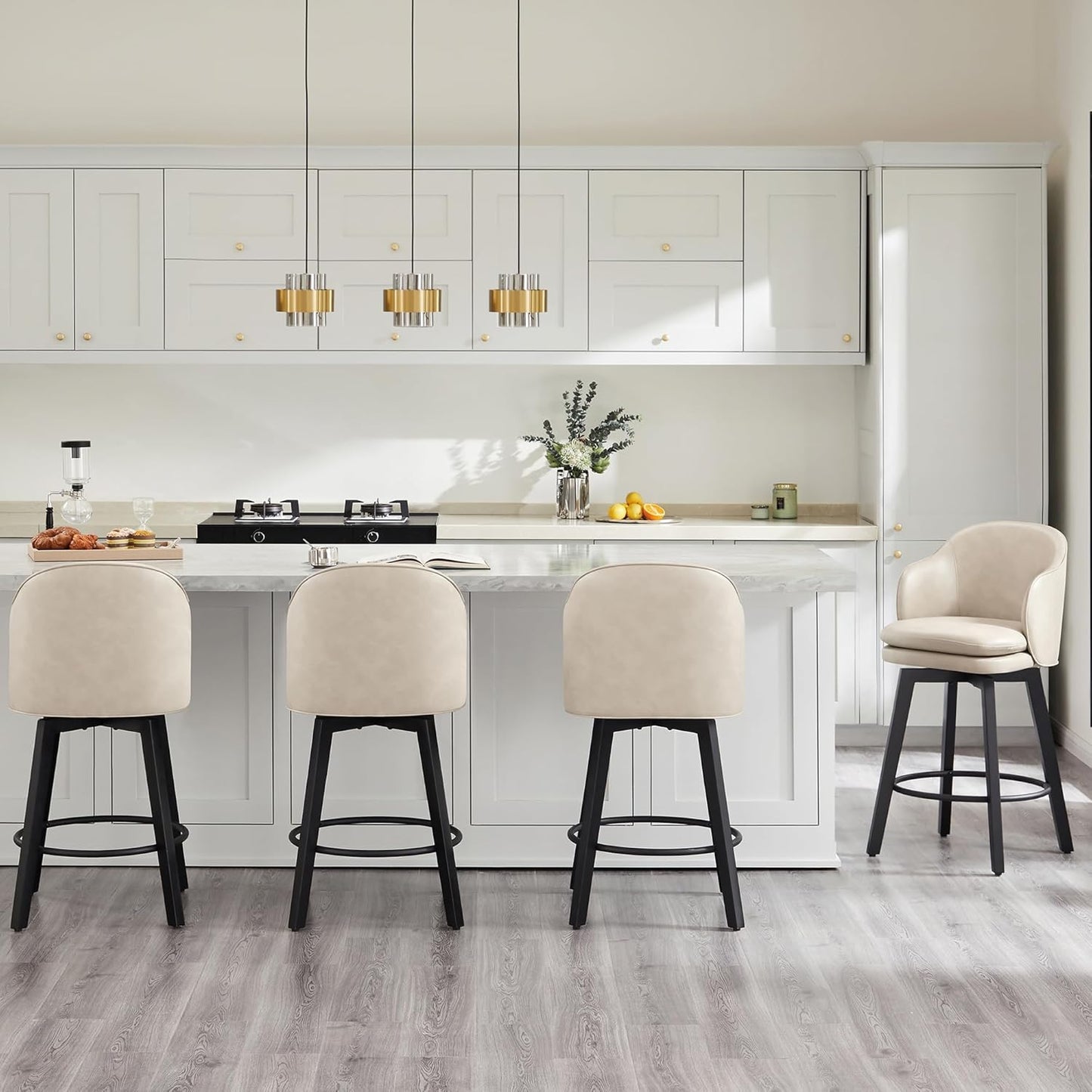 Counter Height Barstools 26 inch Upholstered Swivel Bar Stools with Back and Wood Legs for Kitchen Island,Set of 3,Beige PU Leather