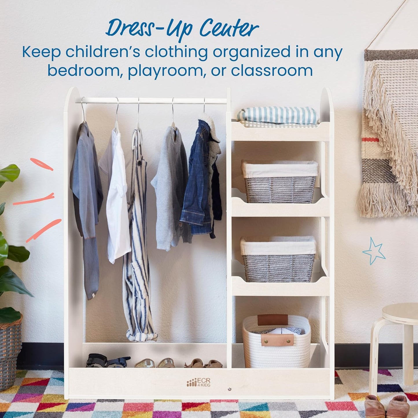 ECR4Kids Dress Up Center with Mirror, Costume Organizer, White Wash