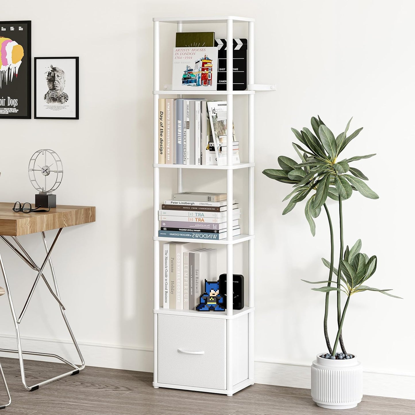 6-Tier Bookshelf with Drawer,Narrow Bookshelves Organizer,Floor Standing Ladder Shelf,Tall Bookcase for Small Space,Book shelf with Storage for Living Room, Bedroom, Office, Study White HBC505W