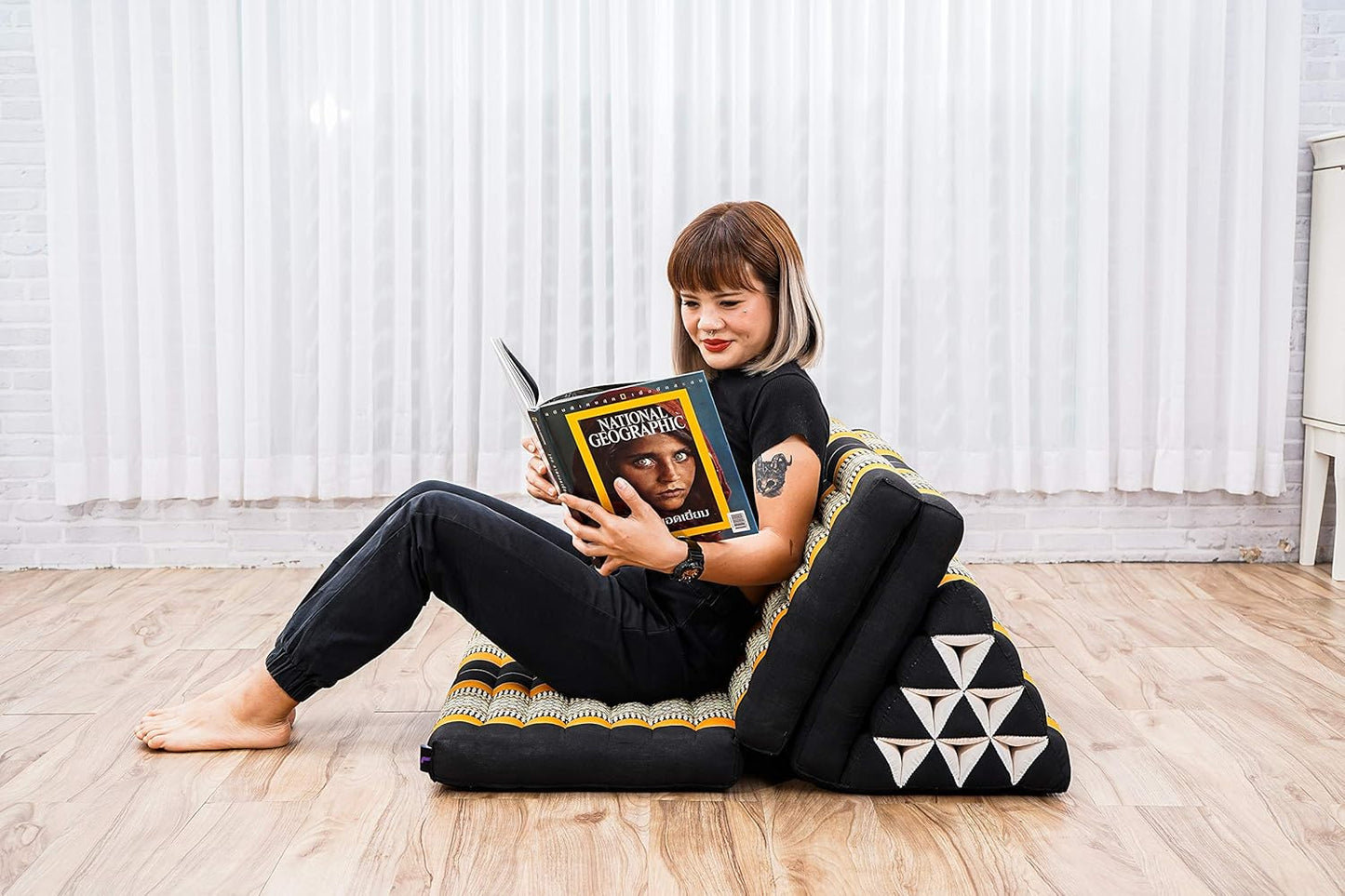 Leewadee Comfortable Japanese Floor Mattress - Thai Floor Bed with Triangle Cushion - Futon Mattress - XL Extra Wide Thai Massage Mat, 67 x 31 inches, Black Orange, Kapok Filling