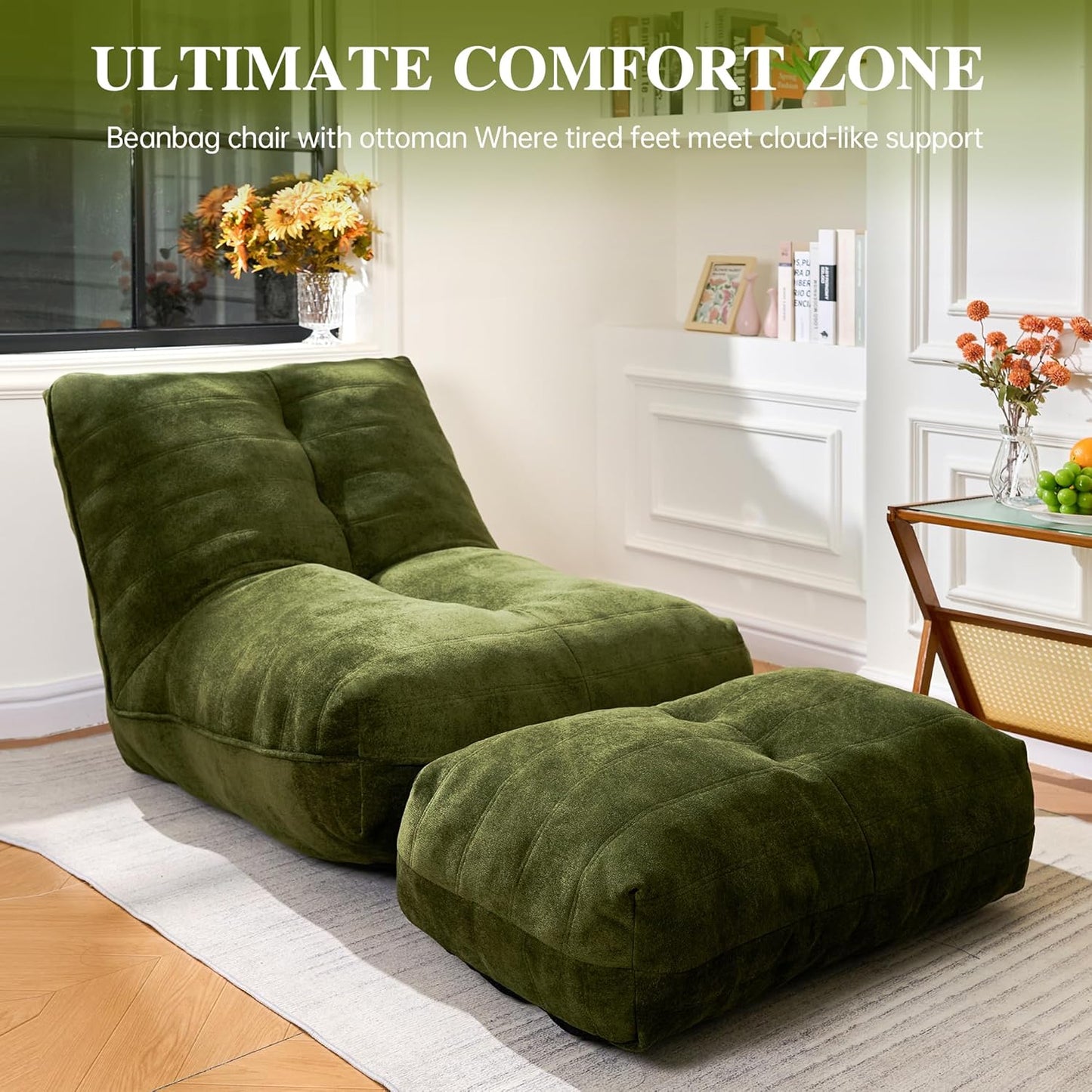Bean Bag Chair with Ottoman, Comfy Bean Bag Sofa with Memory Foam, Lazy BeanBag Sofa with Footstool, Fireside Bean Bag Couch for Living Room, Bedroom, Apartment (Green)