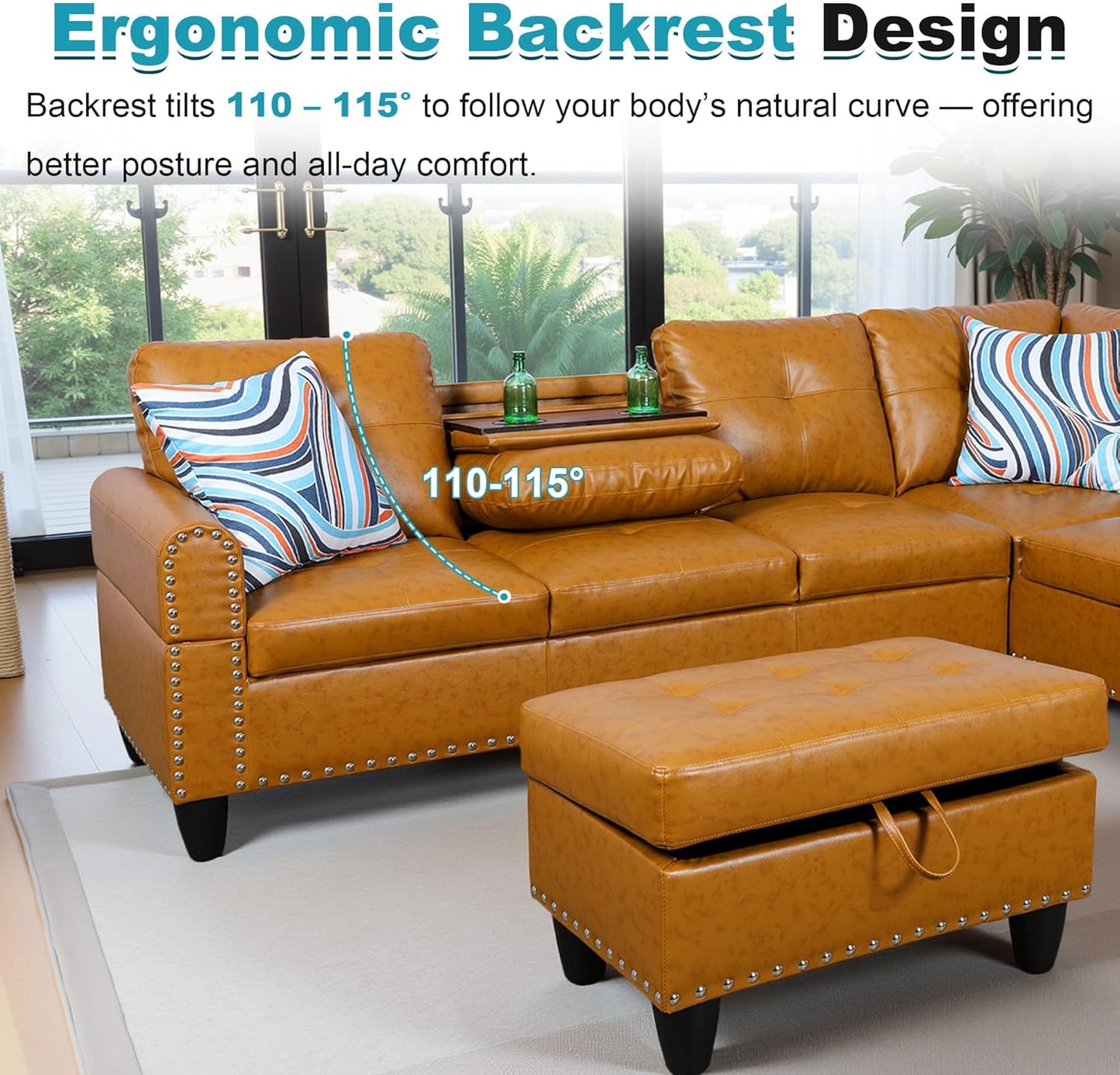 97.5" Oversized Sectional Couch, L Shaped Couch with Storage Ottoman, Modern Modular Sofa with Deep Seat, Sectional Couches for Living Room and Office, Ginger (PU Leather)