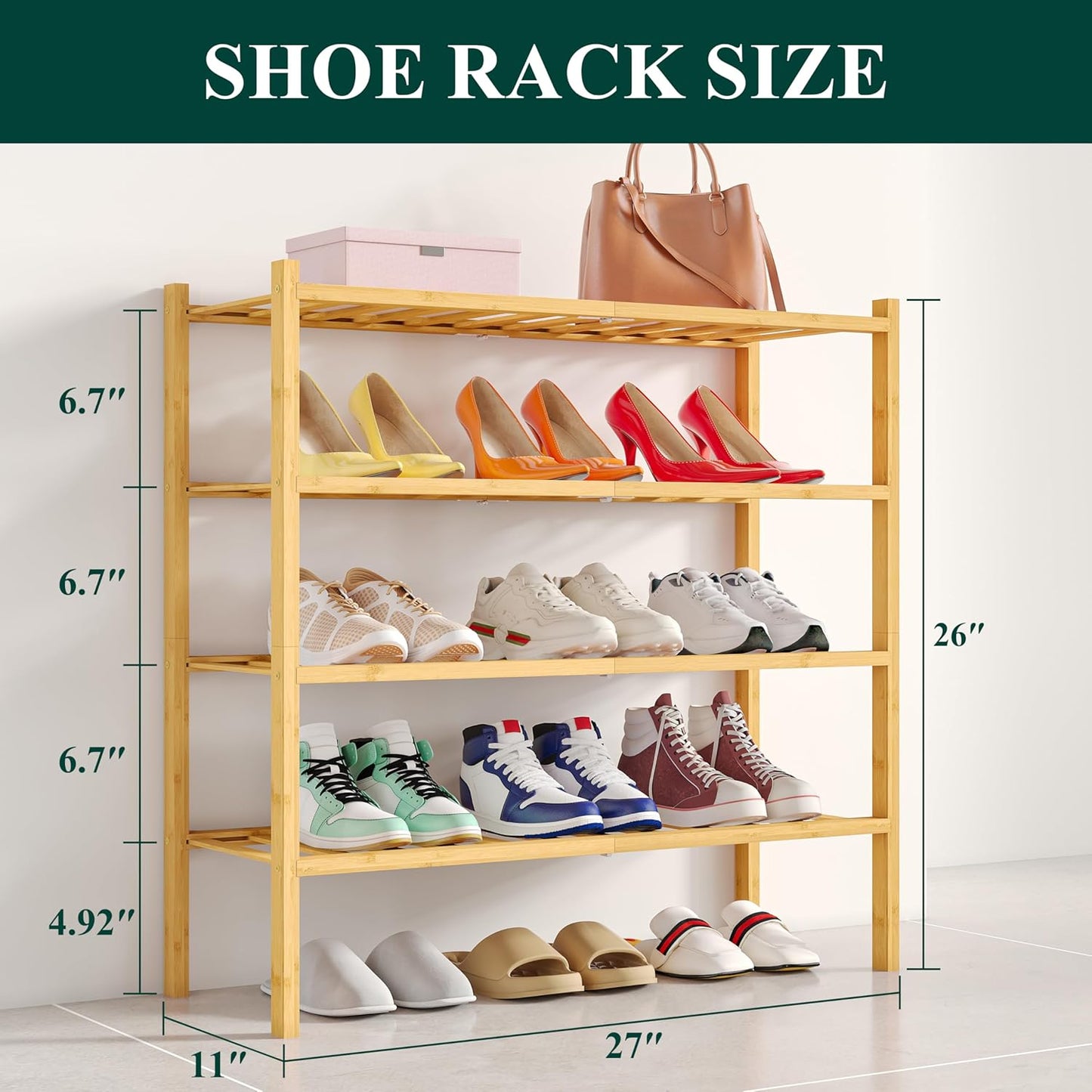Smiry Shoe Rack, 4 Tier Bamboo Shoe Organizer, Stackable Free Standing Wooden Shoe Storage Shelf for Closet, Entryway, Front Door Entrance, Natural