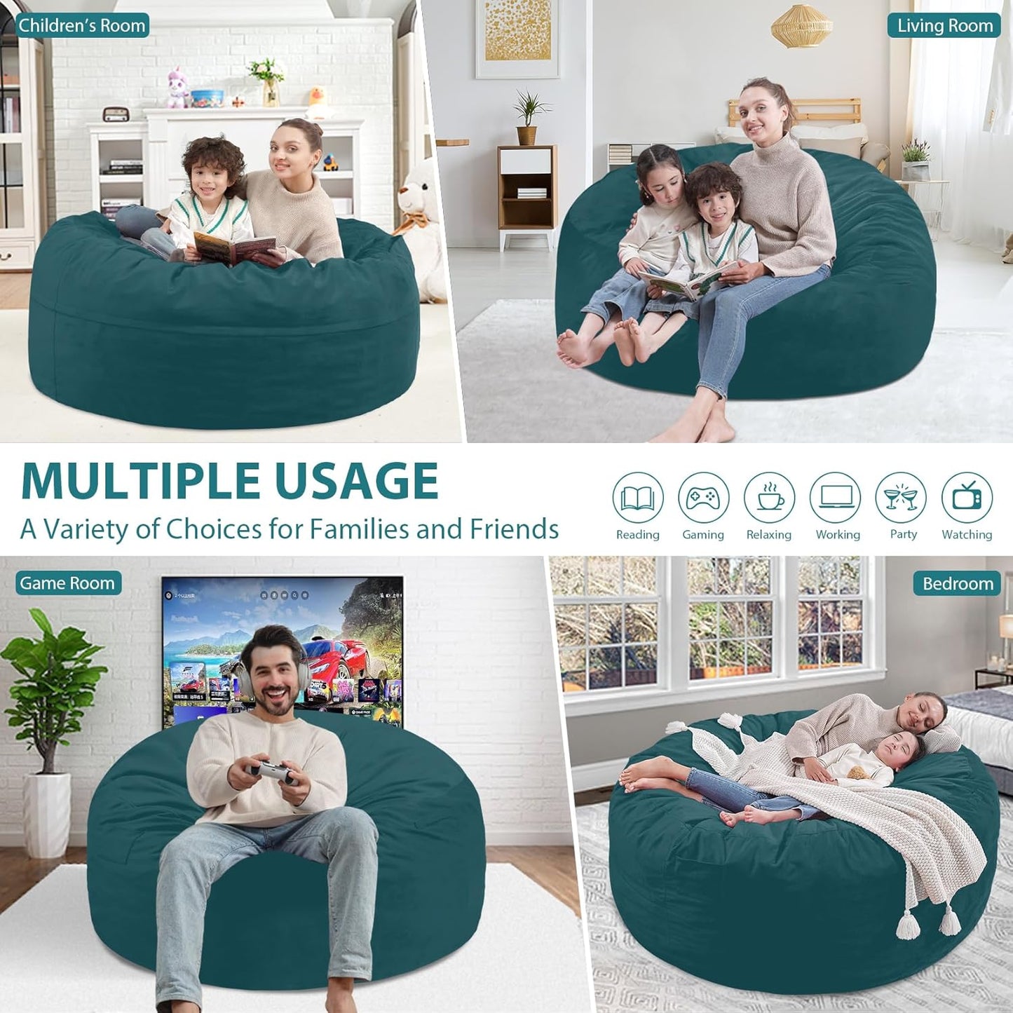 3FT Bean Bag Chair, Comfy Bean Bag Chairs with Memory Foam Filled, Fluffy Beanbag Sofa with Dutch Velvet Cover, Round BeanBag Chairs for Living Room, Playroom - Sea Blue